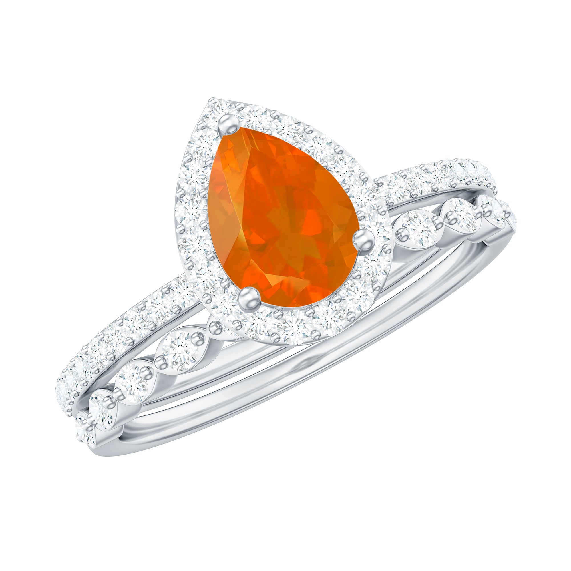 Rosec Jewels-Teardrop Fire Opal Bridal Ring Set with Diamond