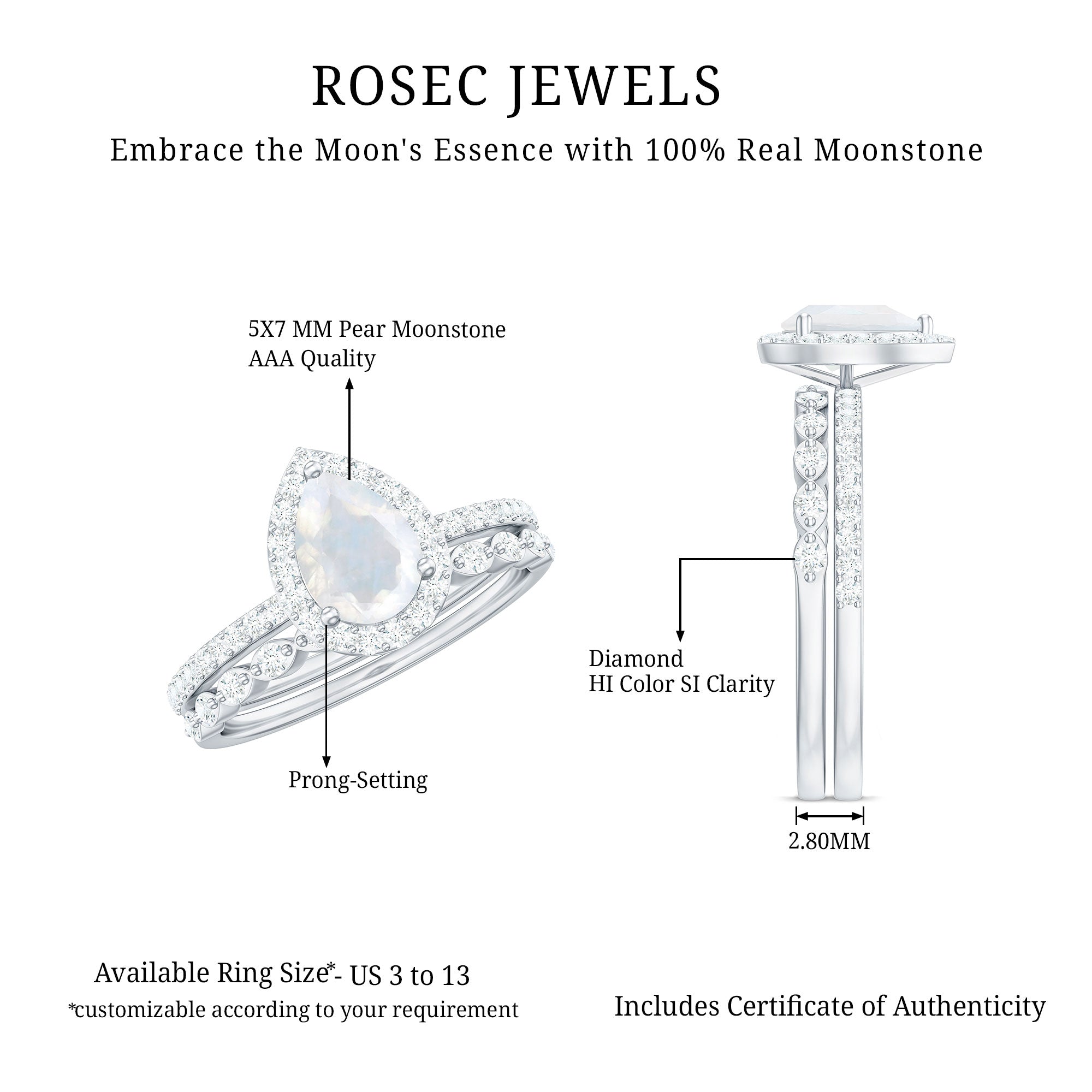 Teardrop Moonstone Bridal Ring Set with Diamond AAA - Rosec Jewels