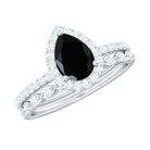 Pear Shaped Black Onyx and Diamond Halo Bridal Ring Set With Certificate AAA - Rosec Jewels