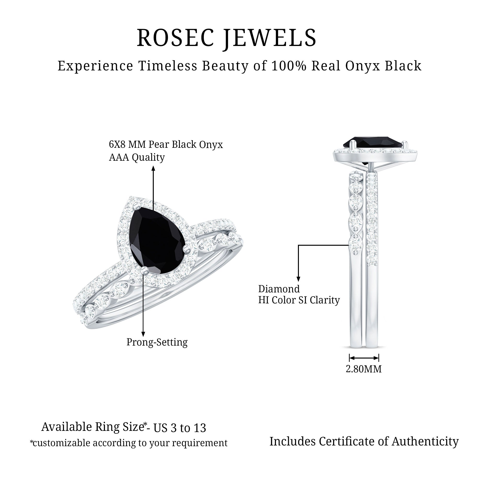 Pear Shaped Black Onyx and Diamond Halo Bridal Ring Set With Certificate AAA - Rosec Jewels