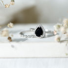 Pear Shaped Black Onyx and Diamond Halo Bridal Ring Set With Certificate AAA - Rosec Jewels