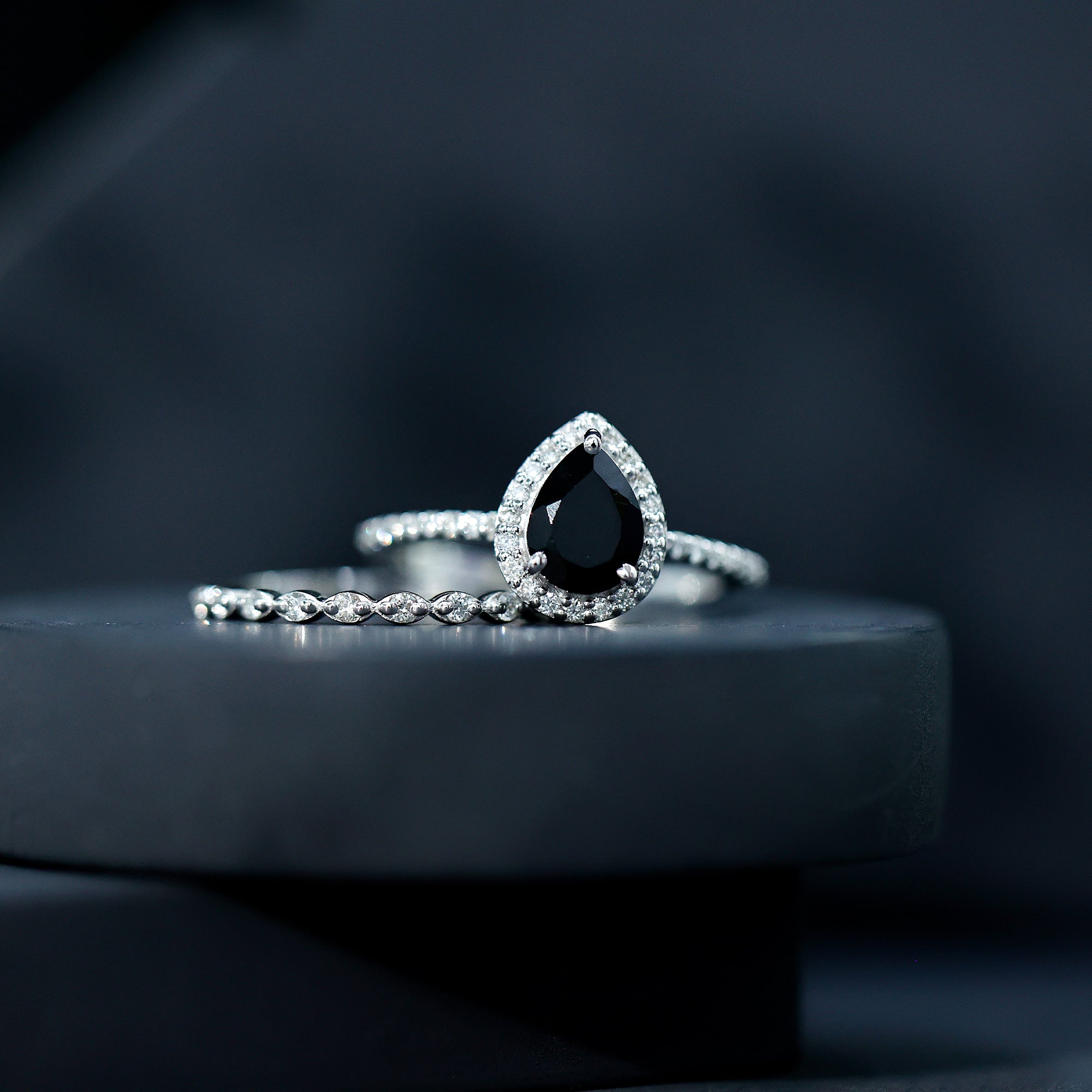 Pear Shaped Black Onyx and Diamond Halo Bridal Ring Set With Certificate AAA - Rosec Jewels