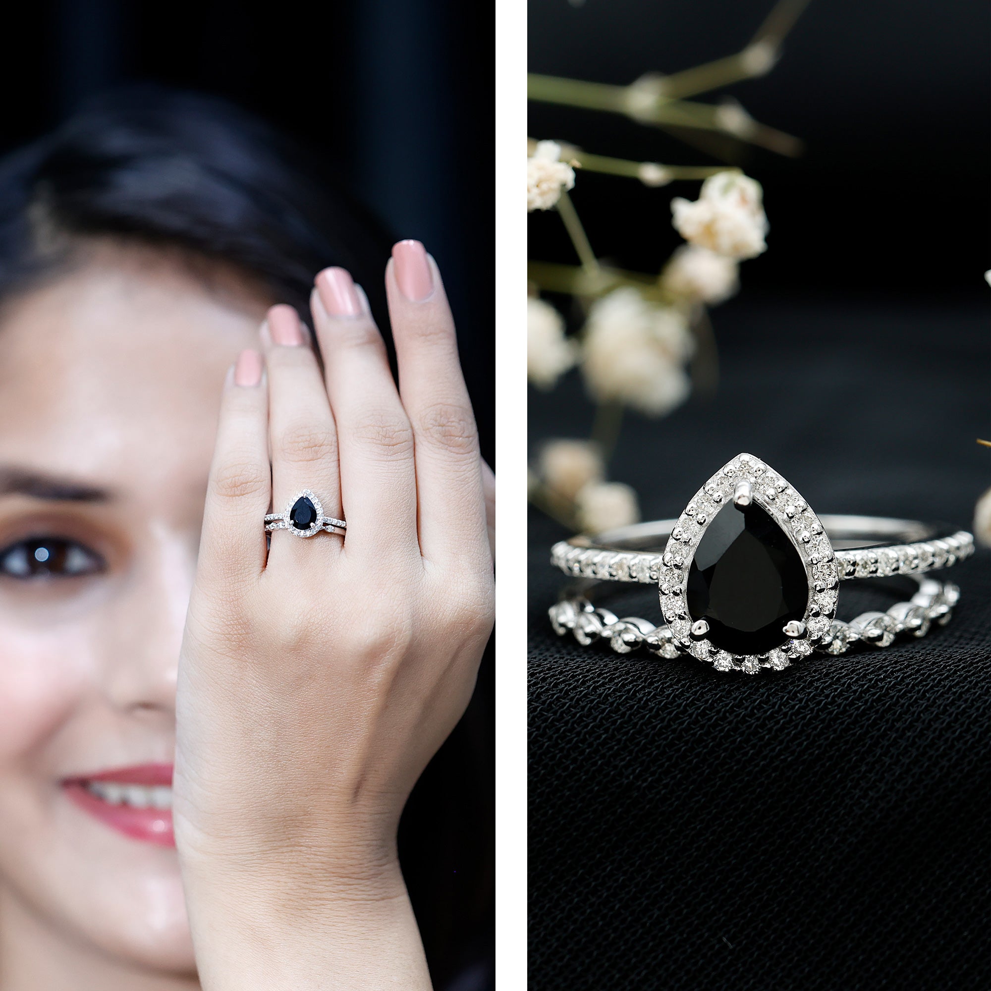 Pear Shaped Black Onyx and Diamond Halo Bridal Ring Set With Certificate AAA - Rosec Jewels