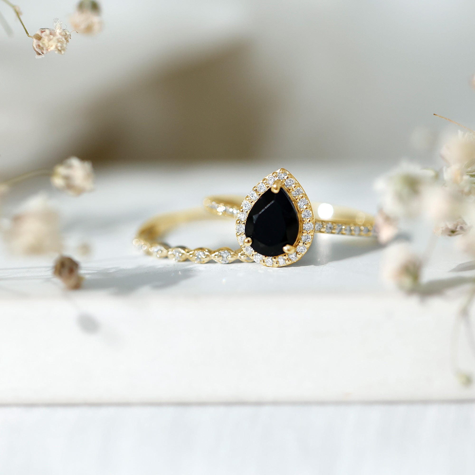 Pear Shaped Black Onyx and Diamond Halo Bridal Ring Set With Certificate AAA - Rosec Jewels