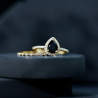 Pear Shaped Black Onyx and Diamond Halo Bridal Ring Set With Certificate AAA - Rosec Jewels