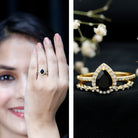 Pear Shaped Black Onyx and Diamond Halo Bridal Ring Set With Certificate AAA - Rosec Jewels