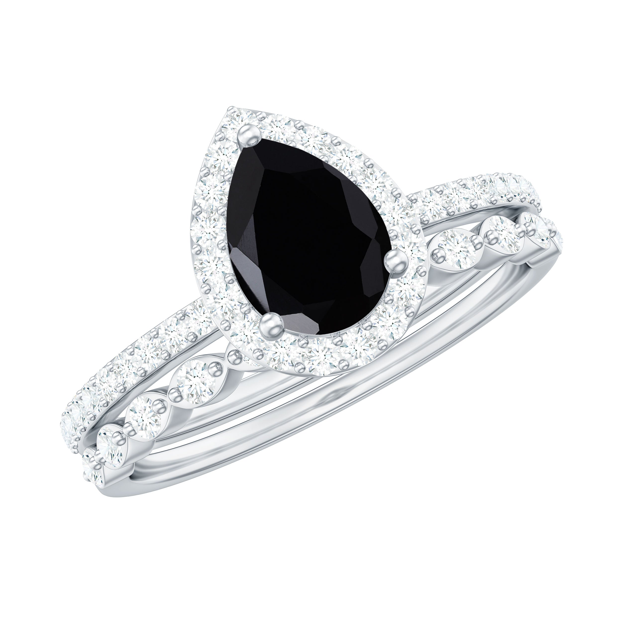 Rosec Jewels-Natural Pear Shape Black Spinel Diamond Wedding Engagement Ring Set of 2