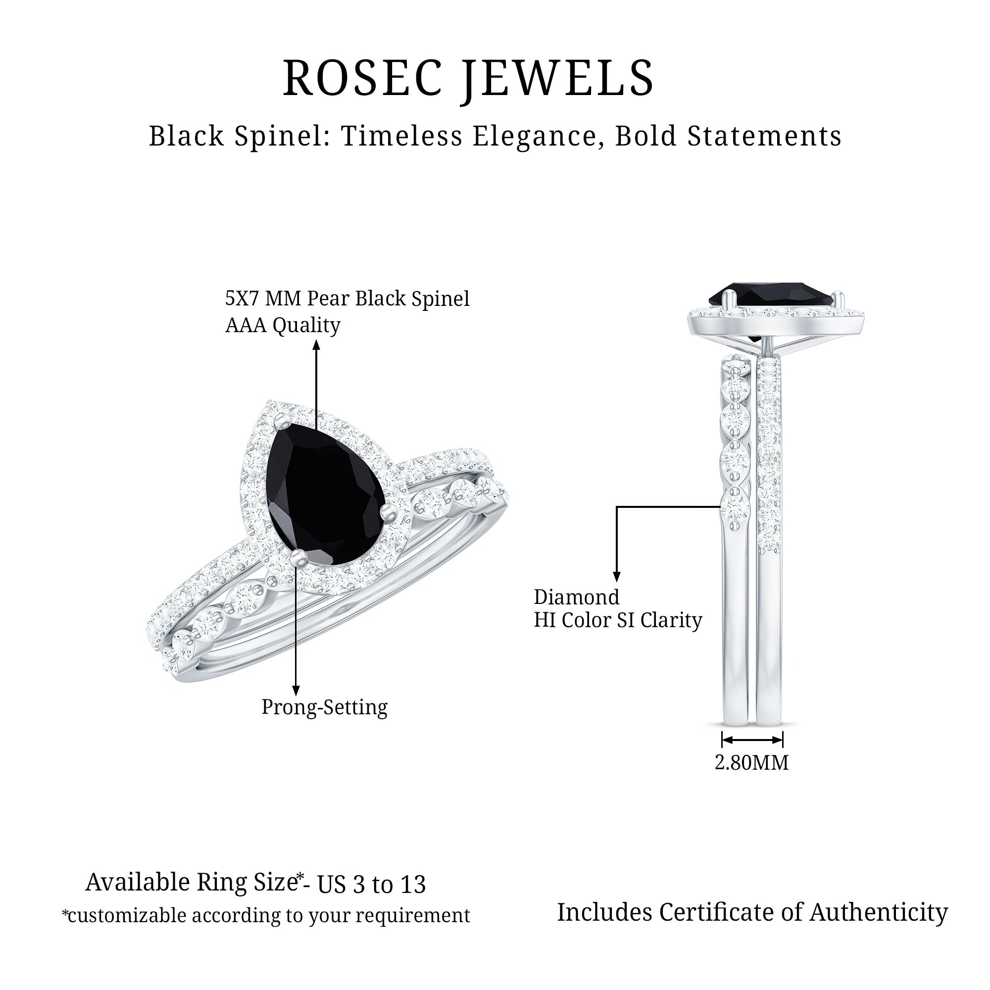 Rosec Jewels-Natural Pear Shape Black Spinel Diamond Wedding Engagement Ring Set of 2