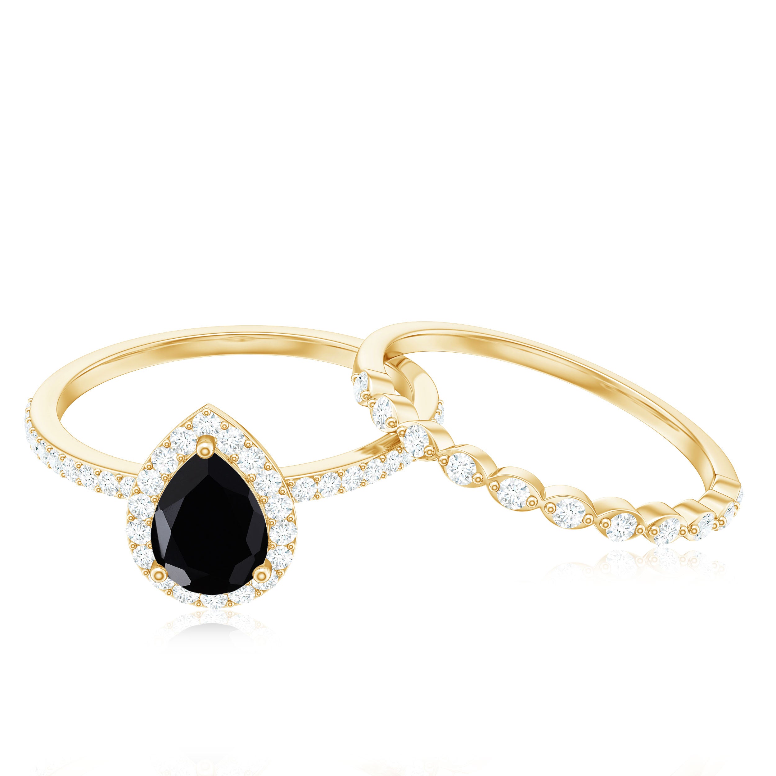 Rosec Jewels-Natural Pear Shape Black Spinel Diamond Wedding Engagement Ring Set of 2