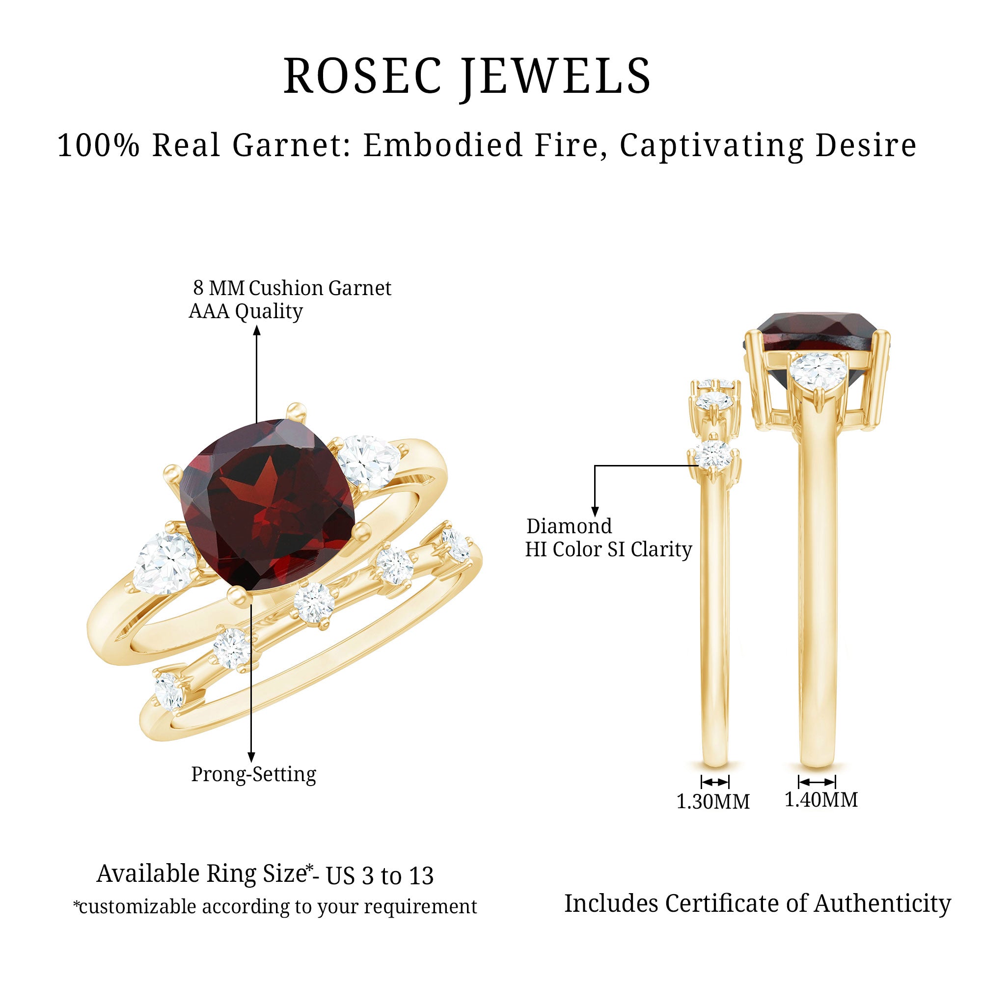 Rosec Jewels-Natural 8 mm Cushion Cut Garnet Diamond Wedding Bridal Ring Set
