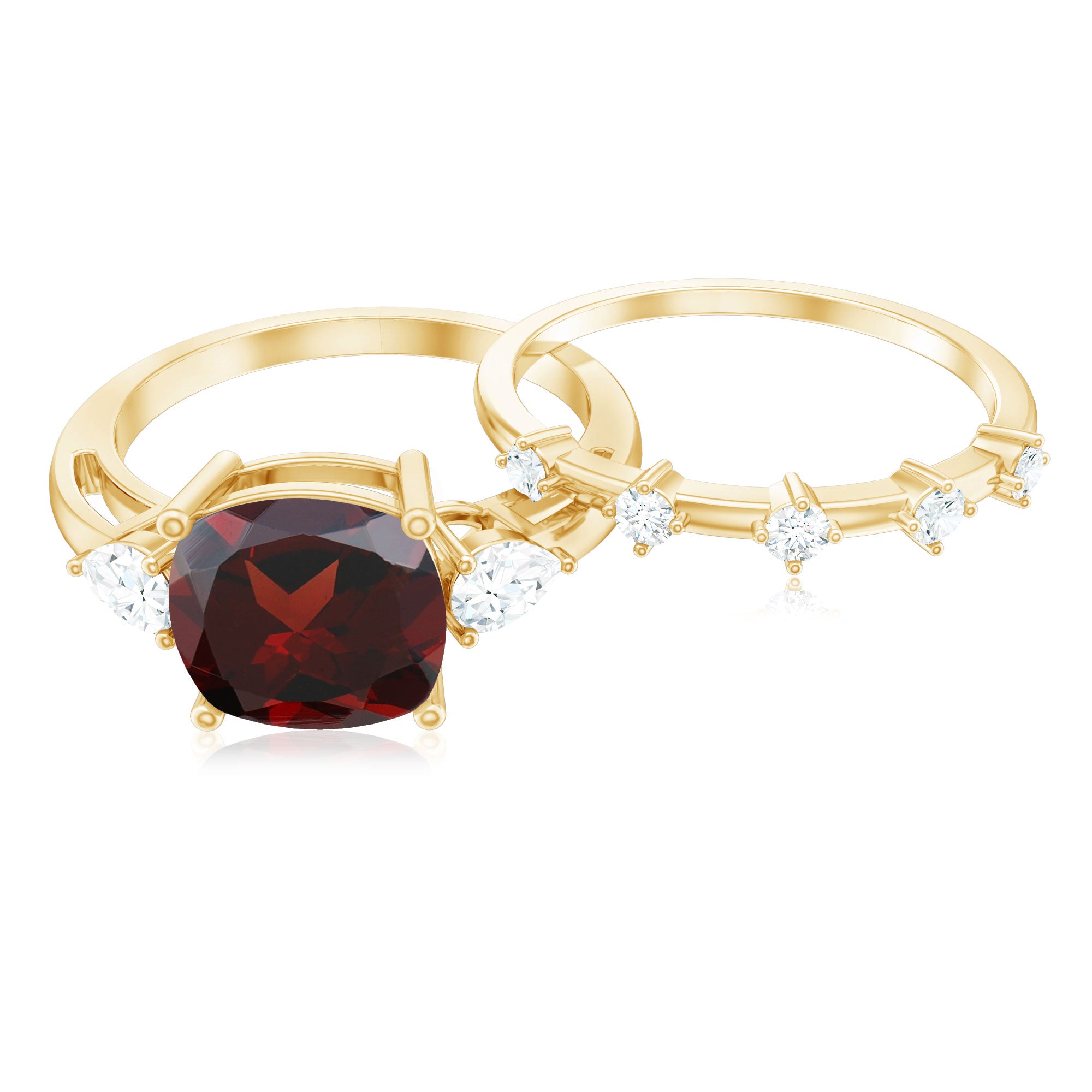 Rosec Jewels-Natural 8 mm Cushion Cut Garnet Diamond Wedding Bridal Ring Set