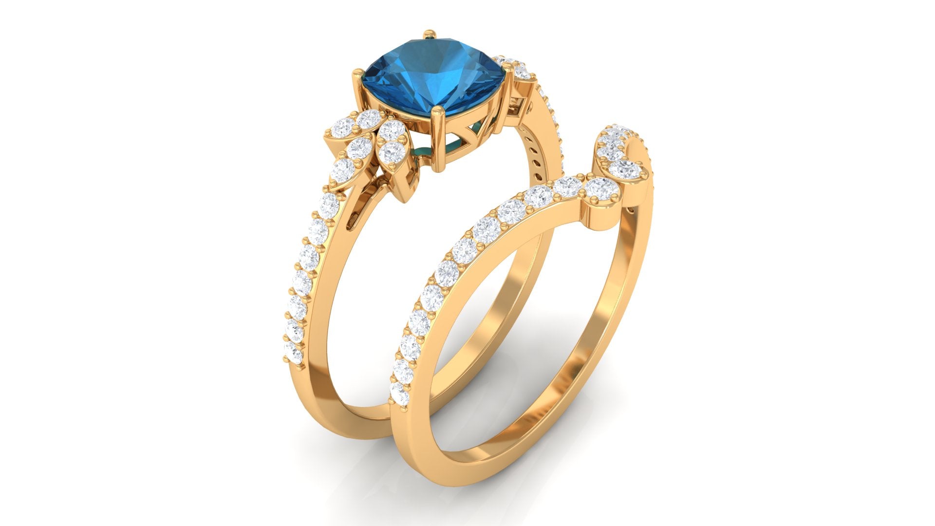Rosec Jewels-Cushion Cut London Blue Topaz Designer Wedding Ring Set with Diamond Band