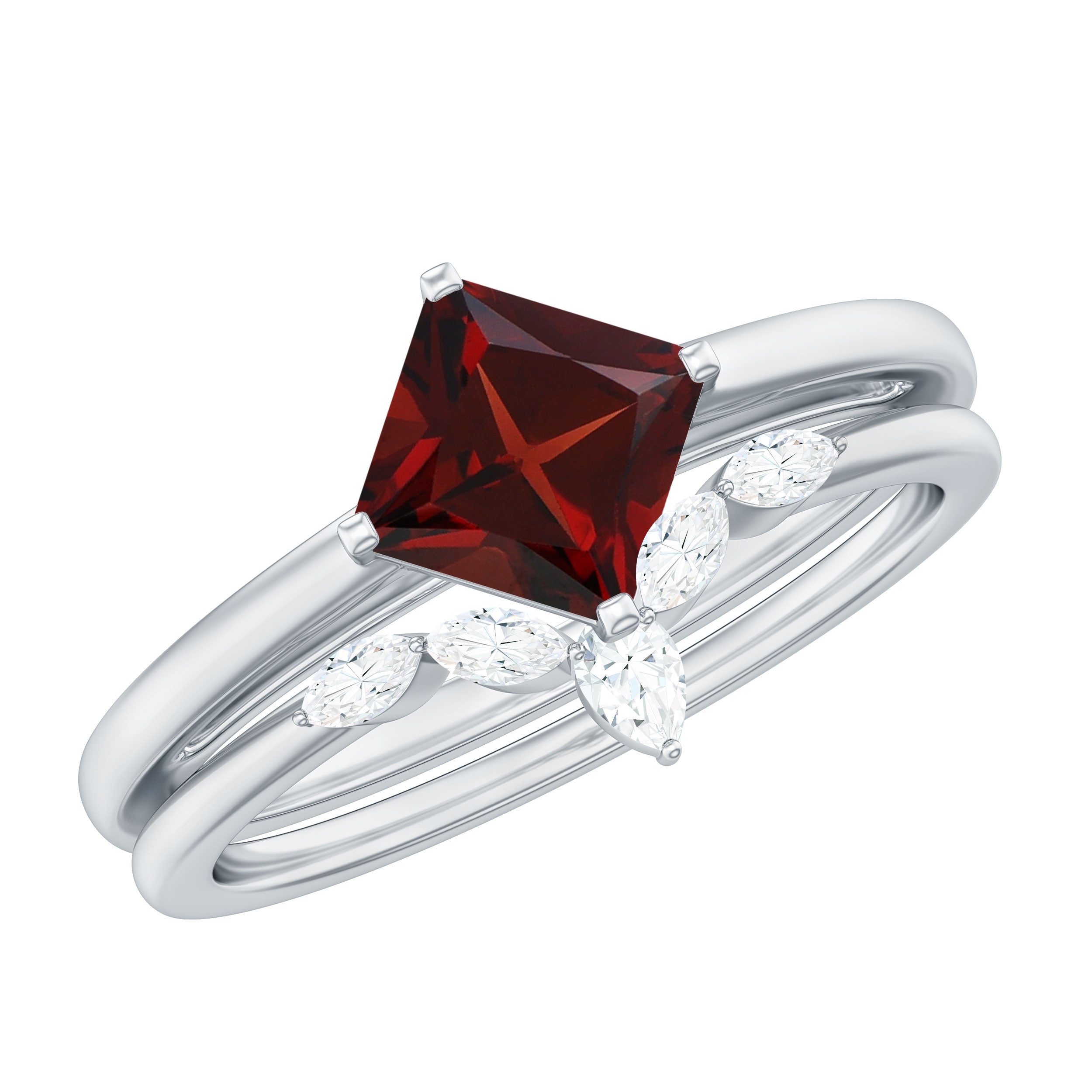 6MM Princess Cut Garnet Solitaire Bridal Ring Set with Diamonds AAA - Rosec Jewels