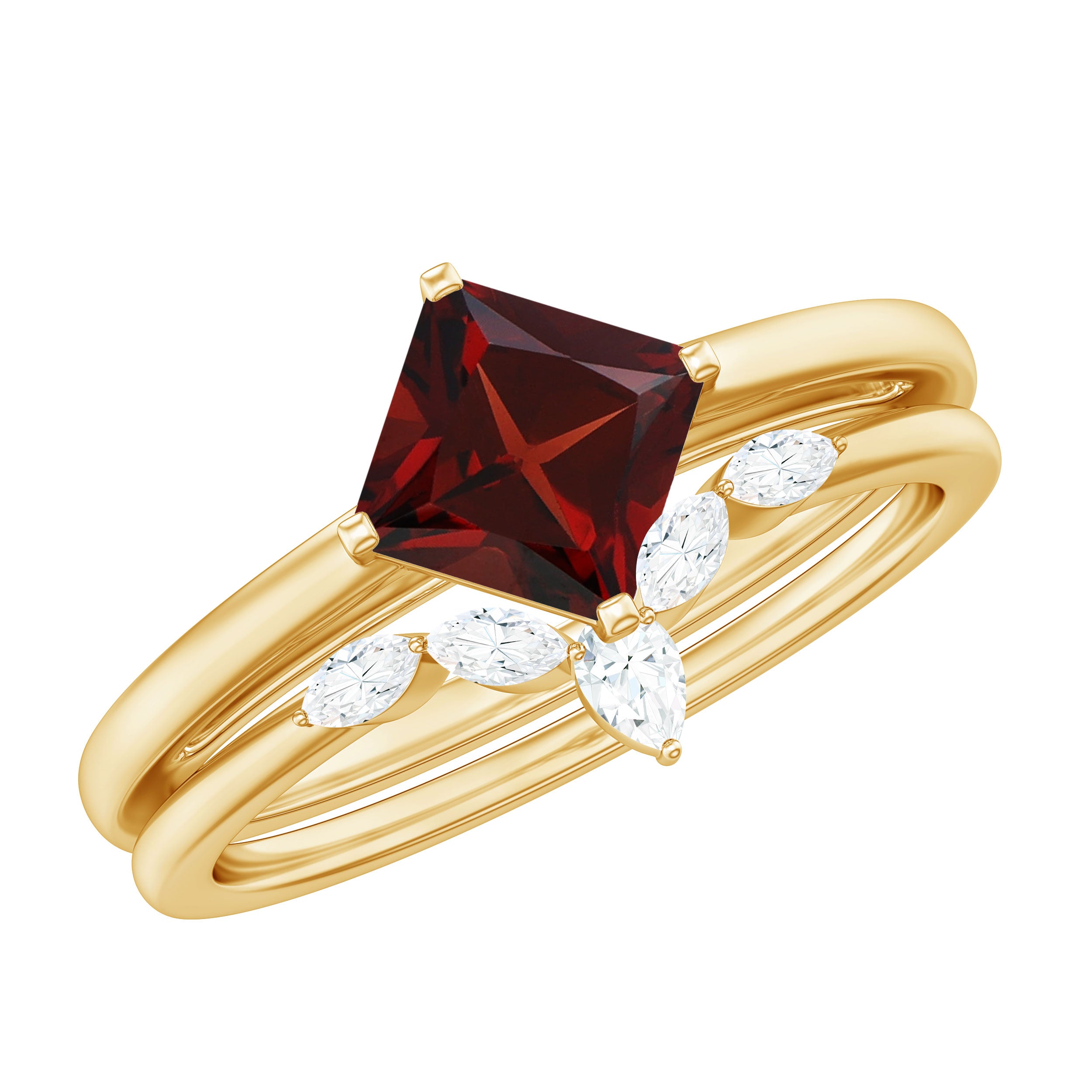 6MM Princess Cut Garnet Solitaire Bridal Ring Set with Diamonds AAA - Rosec Jewels