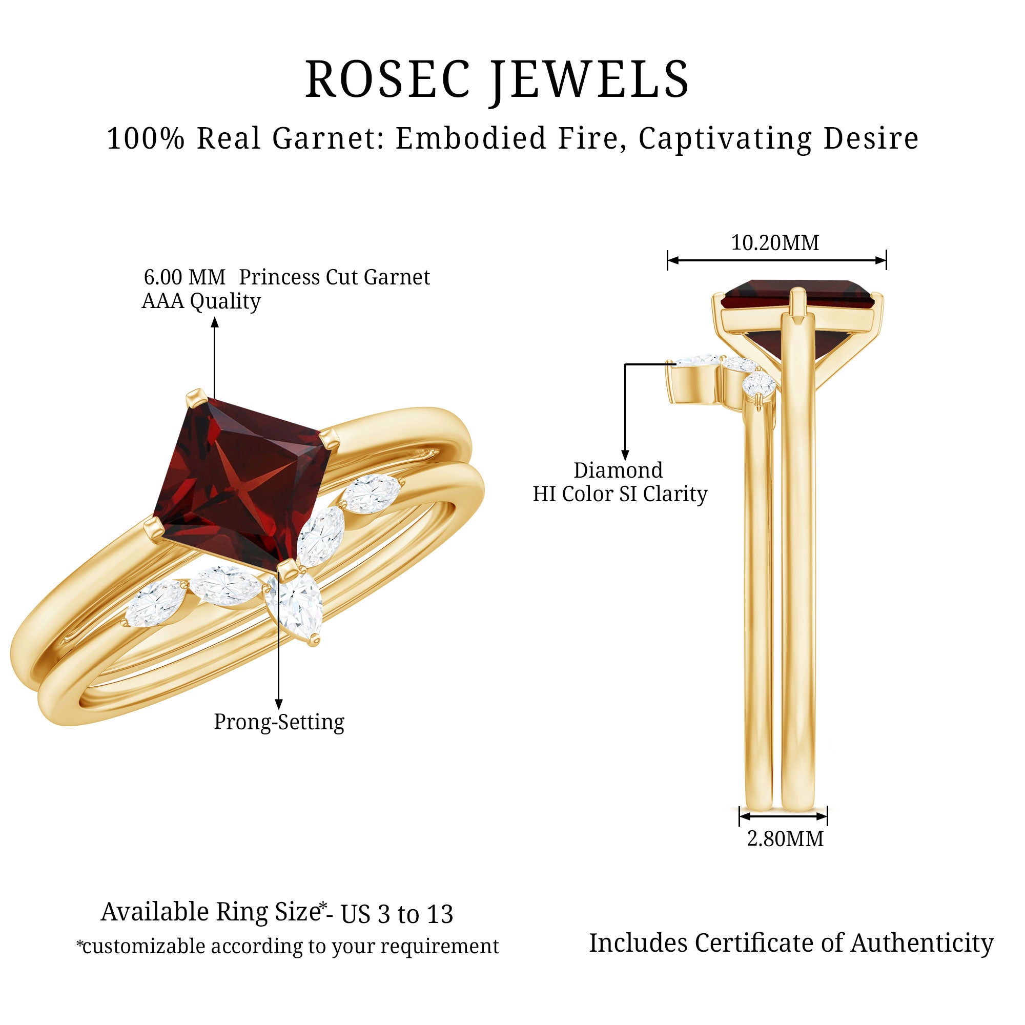 6MM Princess Cut Garnet Solitaire Bridal Ring Set with Diamonds AAA - Rosec Jewels