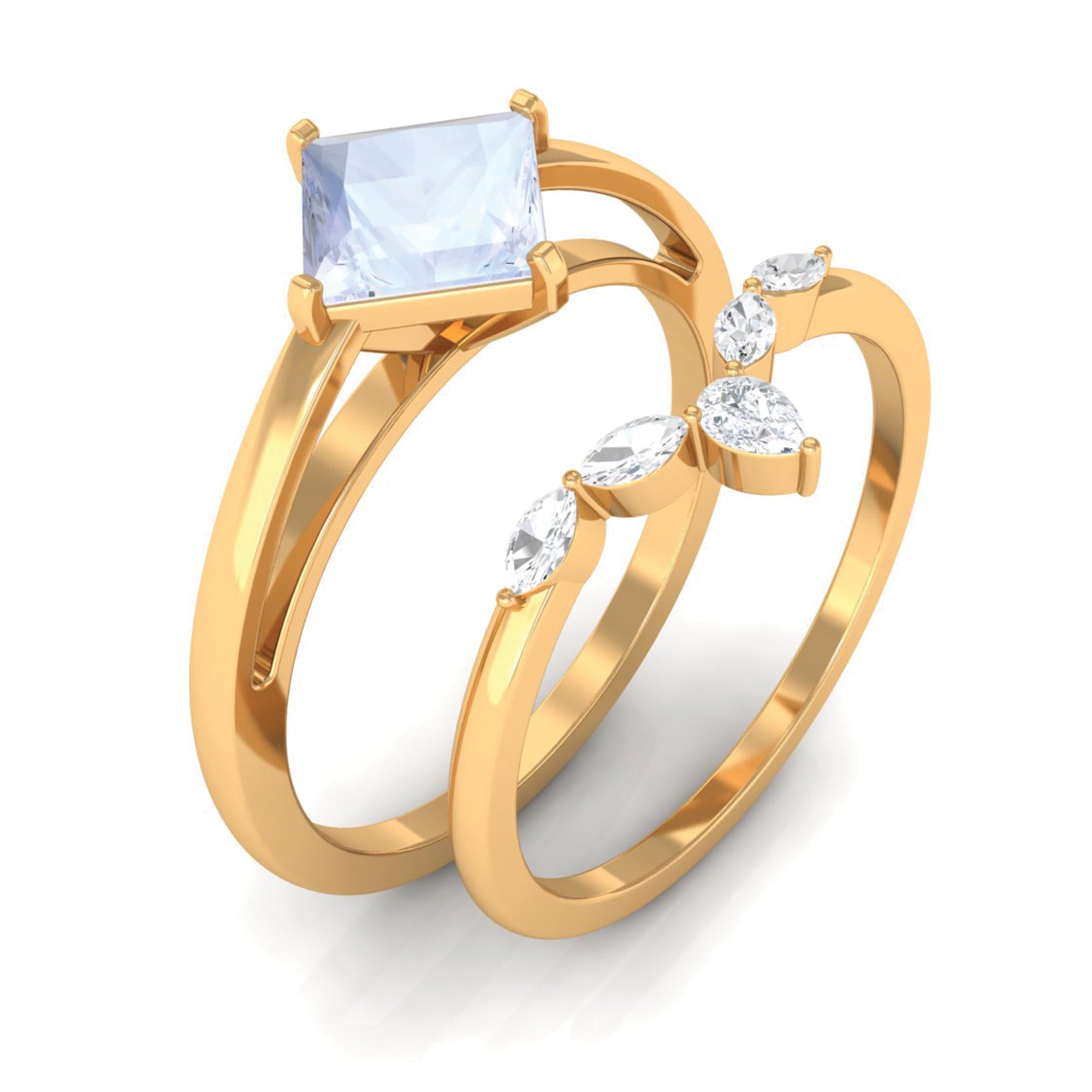 Rosec Jewels-Princess Cut Moonstone and Diamond Solitaire Ring Set