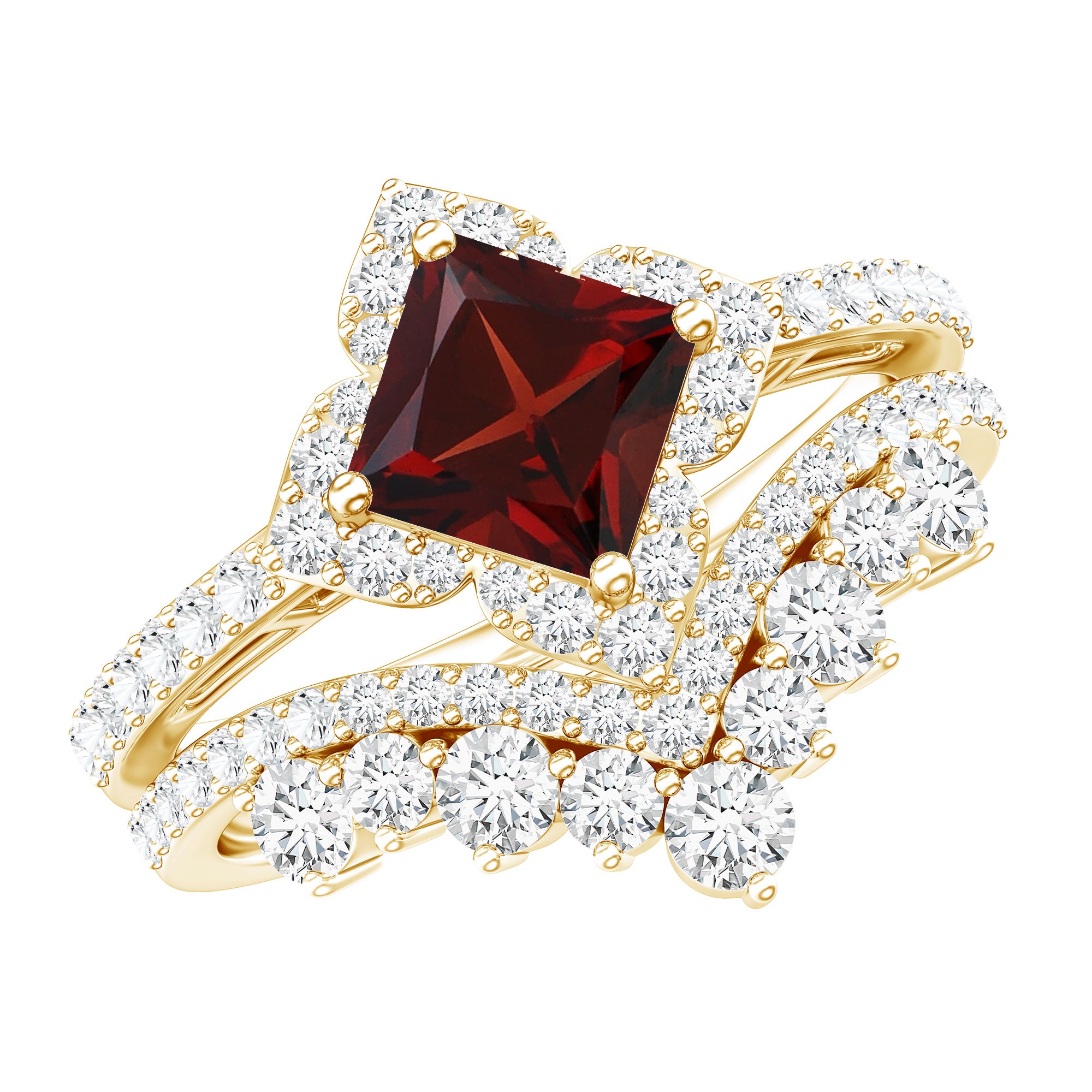 Rosec Jewels-Princess Cut Garnet Designer Wedding Ring Set with Moissanite