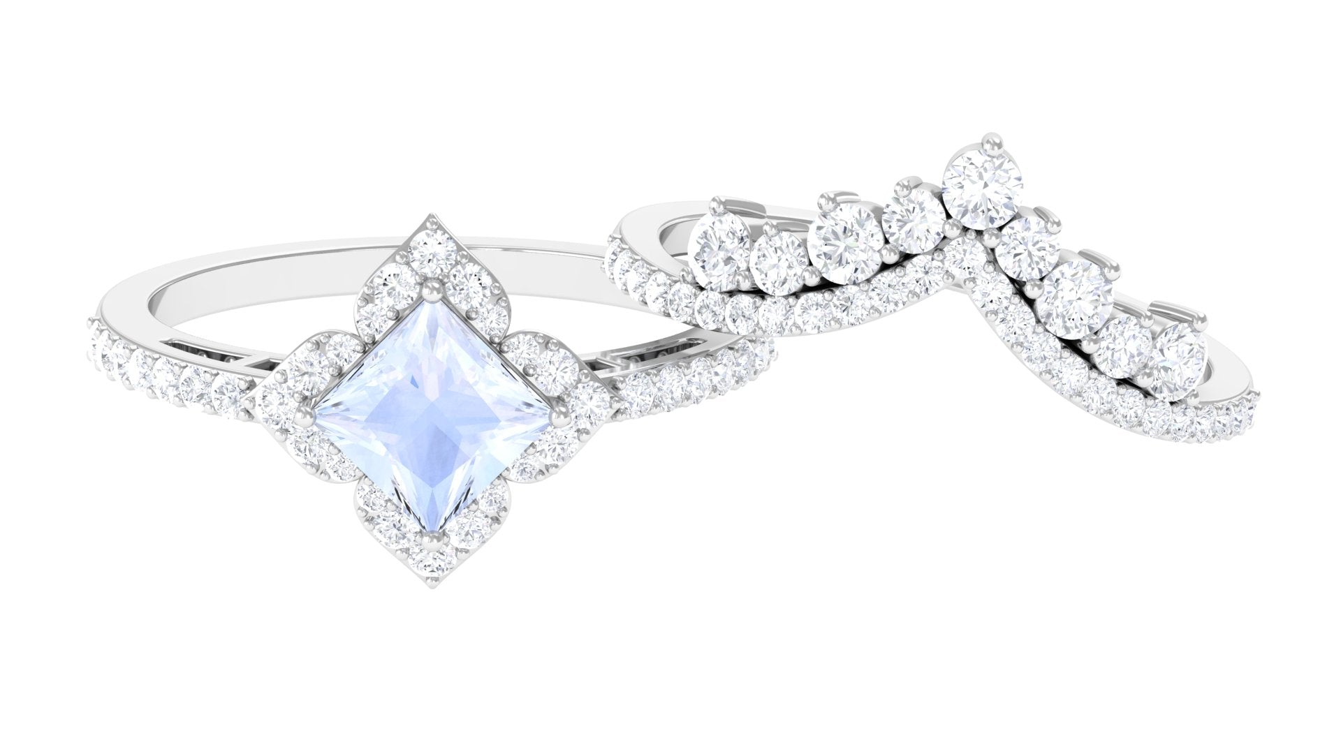 Moonstone and Moissanite Statement Wedding Ring Set AAA - Rosec Jewels