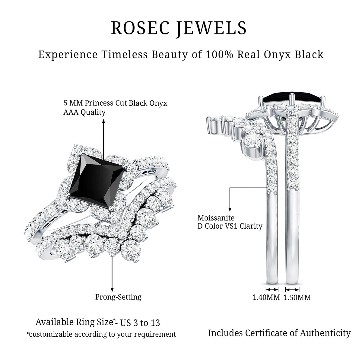 0.5 Carat Black Onyx and Moissanite Statement Wedding Ring Set AAA - Rosec Jewels
