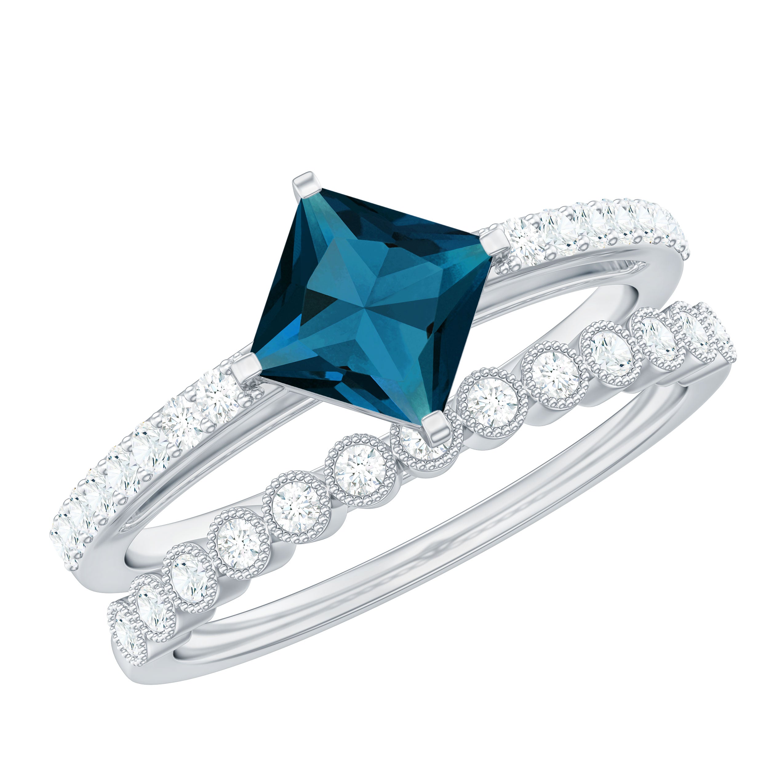 Rosec Jewels-Genuine London Blue Topaz Designer Engagement Ring with Diamond Wedding Band