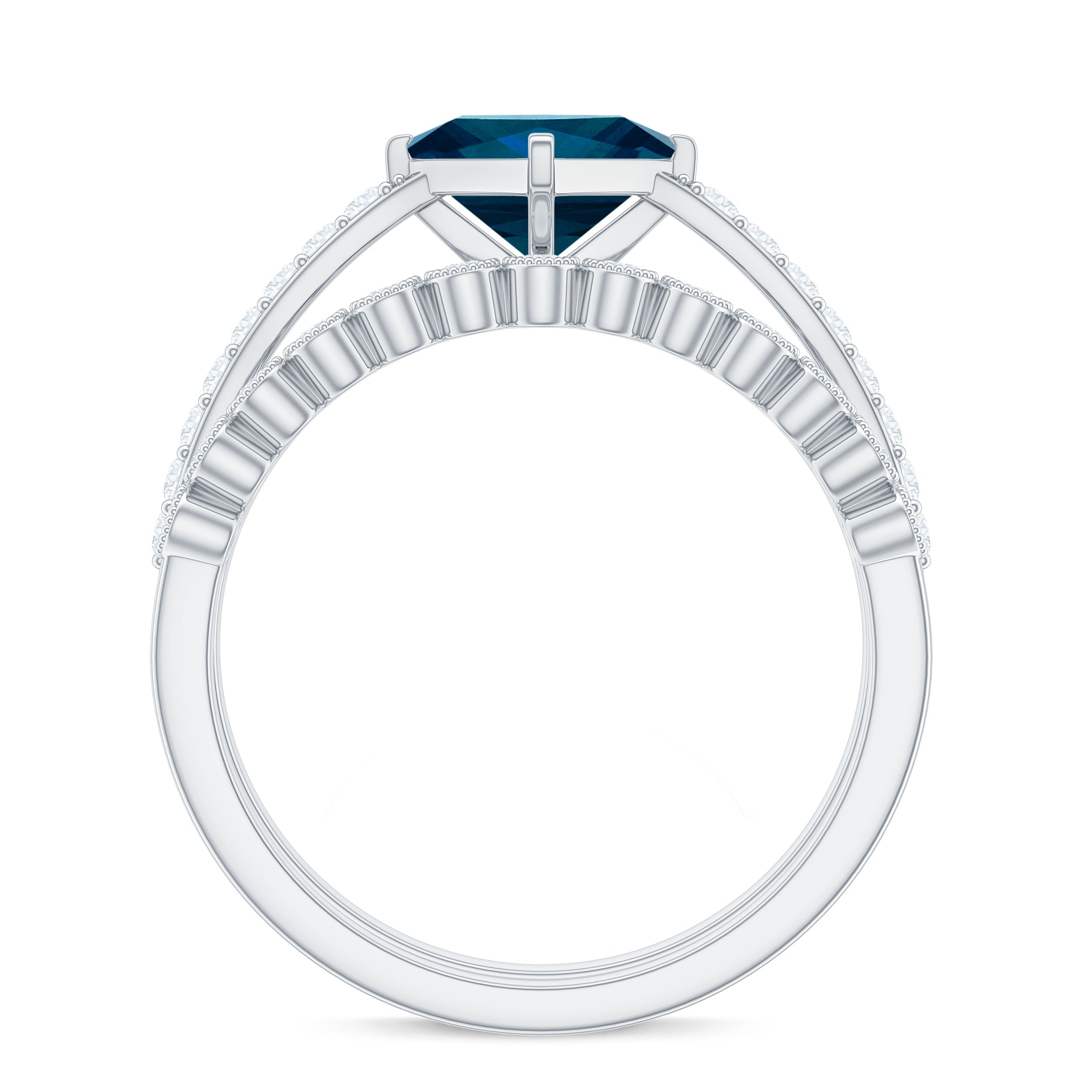 Rosec Jewels-Genuine London Blue Topaz Designer Engagement Ring with Diamond Wedding Band