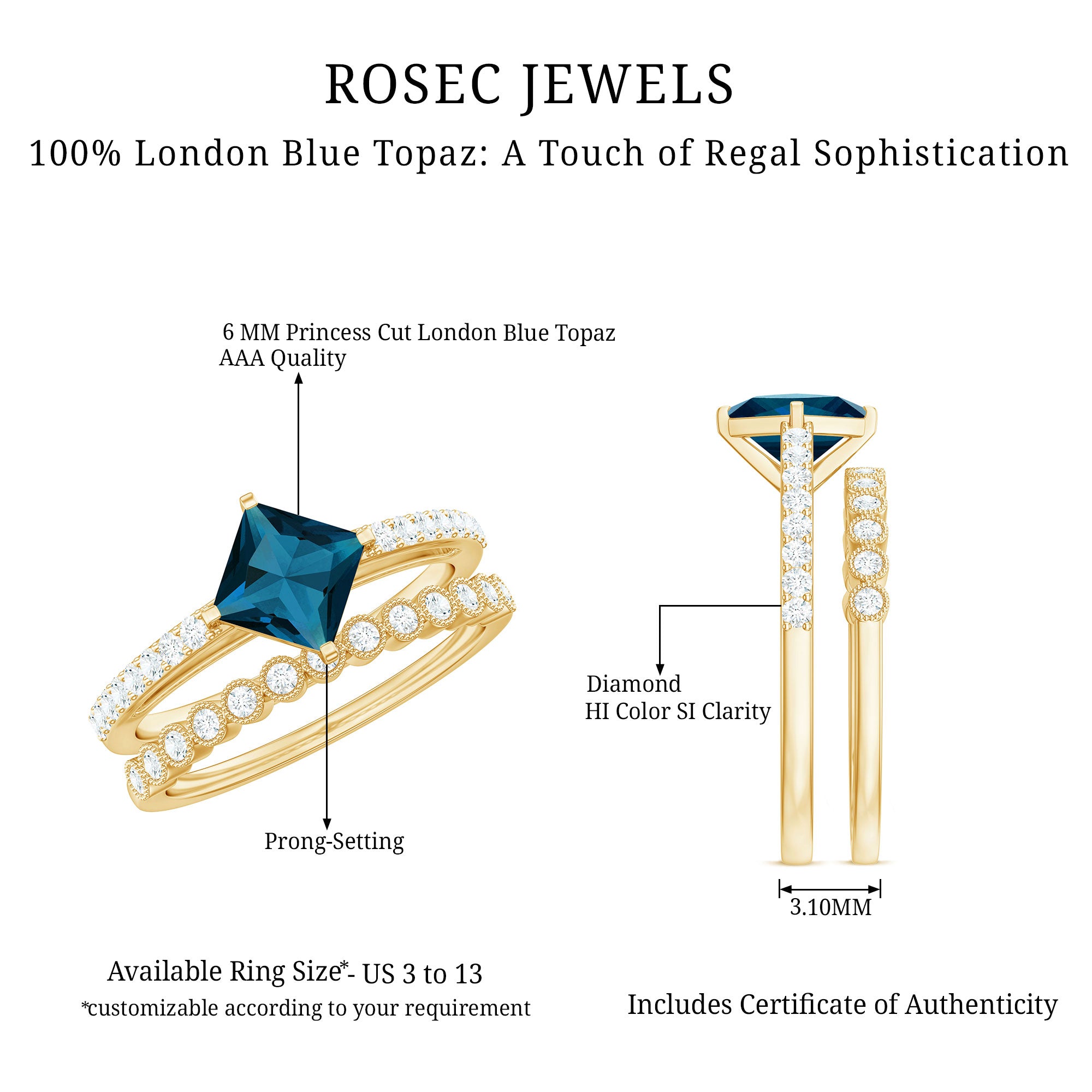 Rosec Jewels-Genuine London Blue Topaz Designer Engagement Ring with Diamond Wedding Band