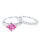 1 Carat Princess Cut Pink Tourmaline Ring with Diamond Wedding Band AAA - Rosec Jewels