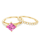 1 Carat Princess Cut Pink Tourmaline Ring with Diamond Wedding Band AAA - Rosec Jewels