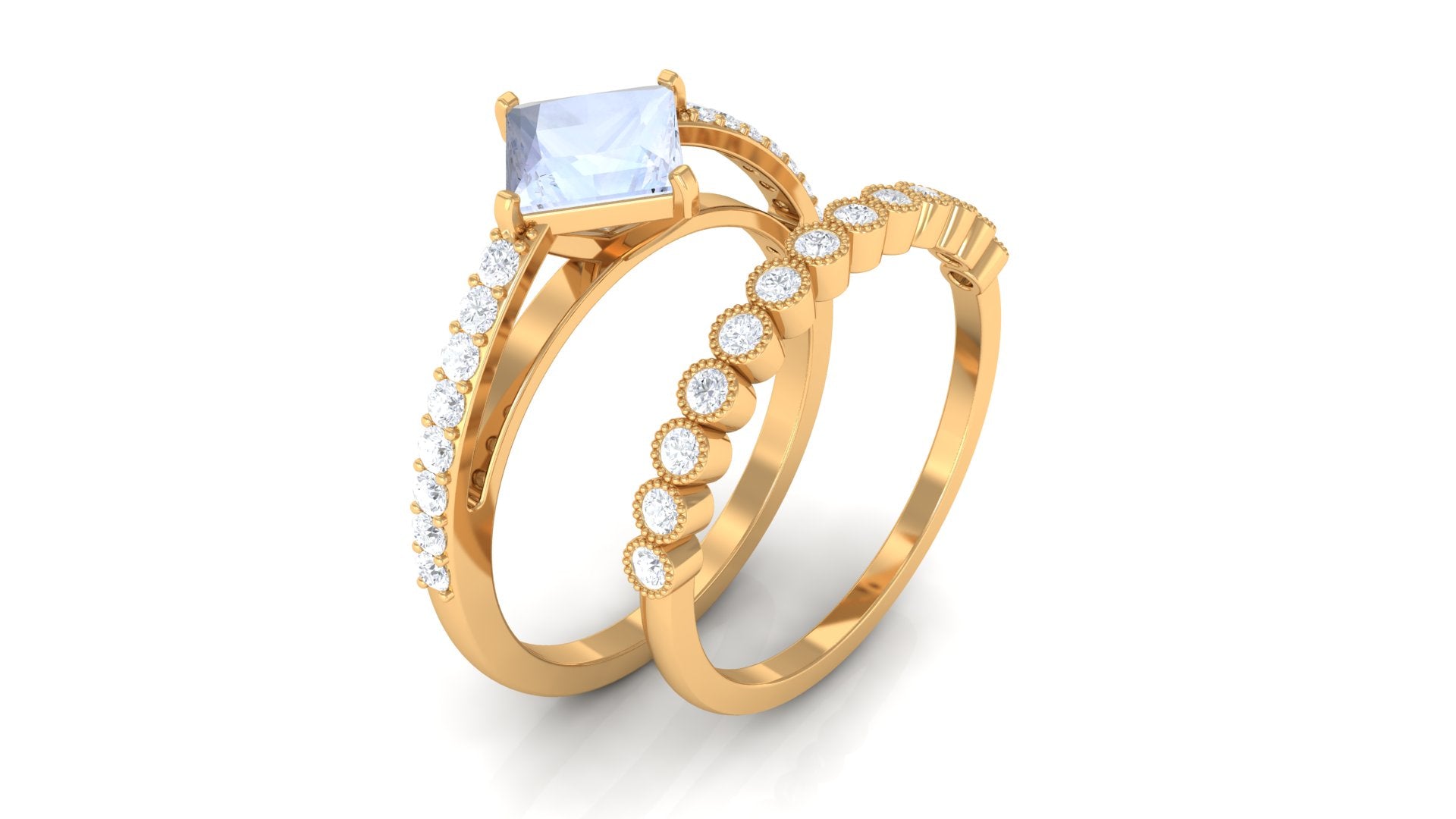 Solitaire Moonstone and Diamond Ring Set AAA - Rosec Jewels