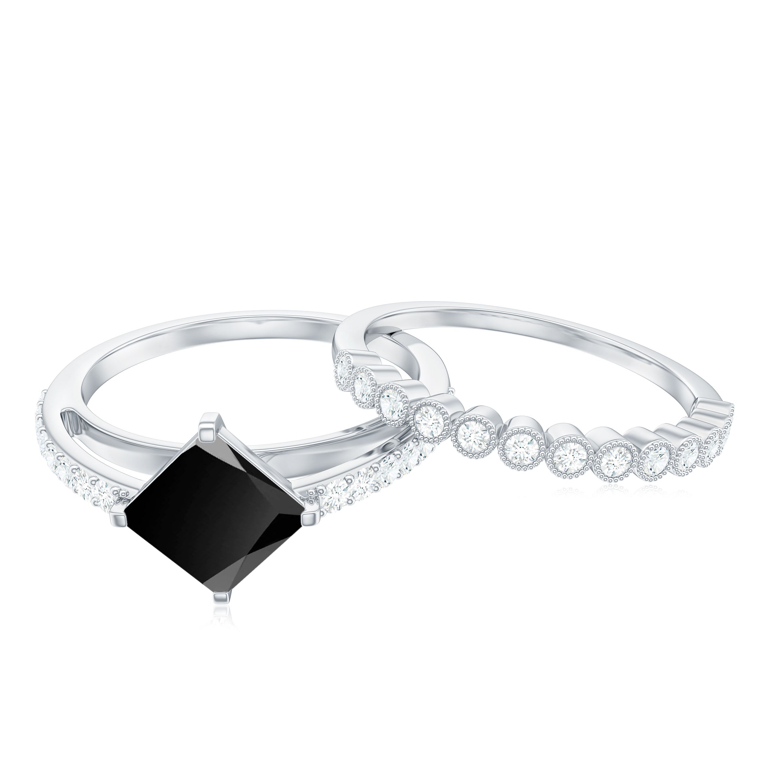 5mm Princess Cut Black Onyx Wedding Rings Set with Diamond Band AAA - Rosec Jewels