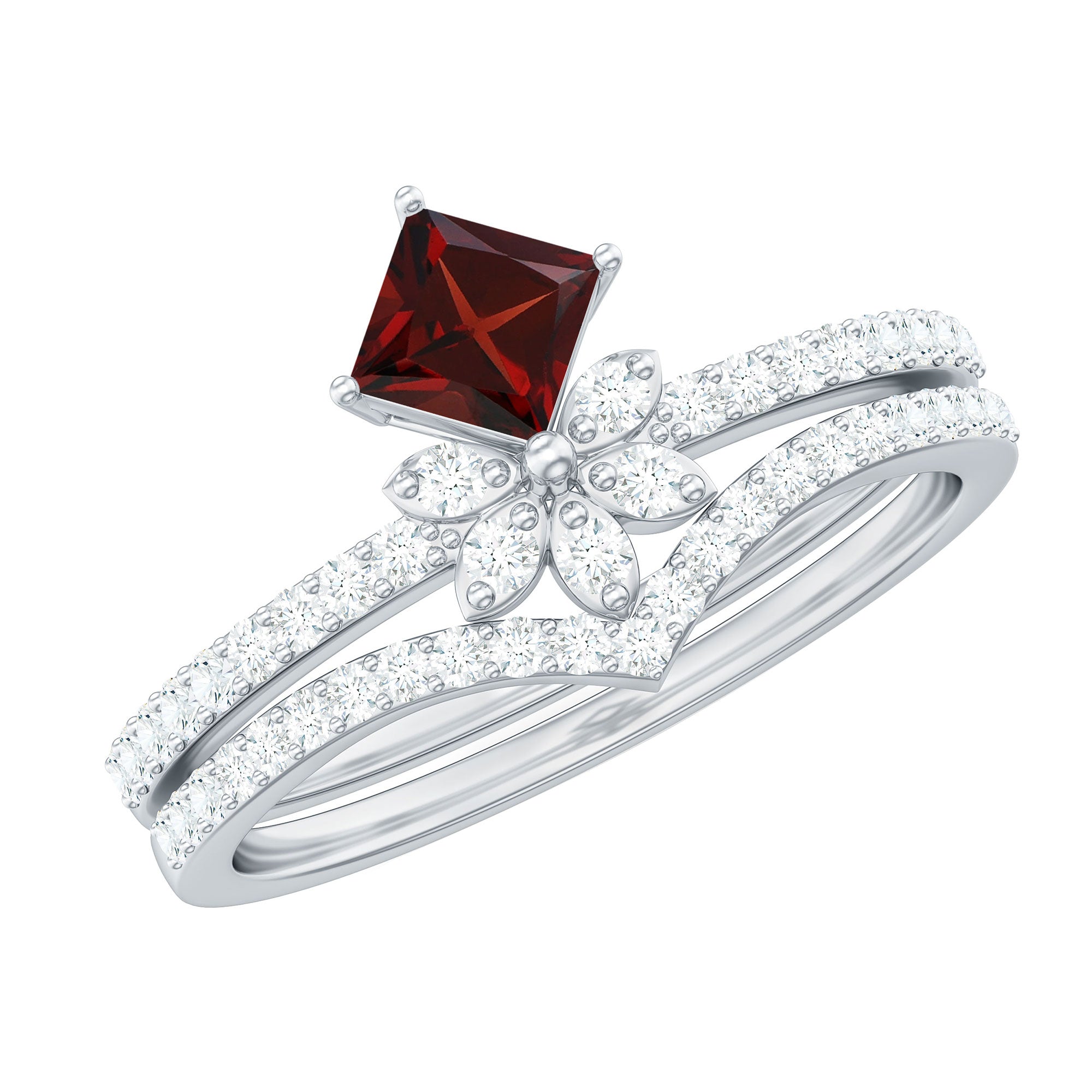 Rosec Jewels-Natural Garnet Diamond Flower Engagement Ring Wedding Band Set