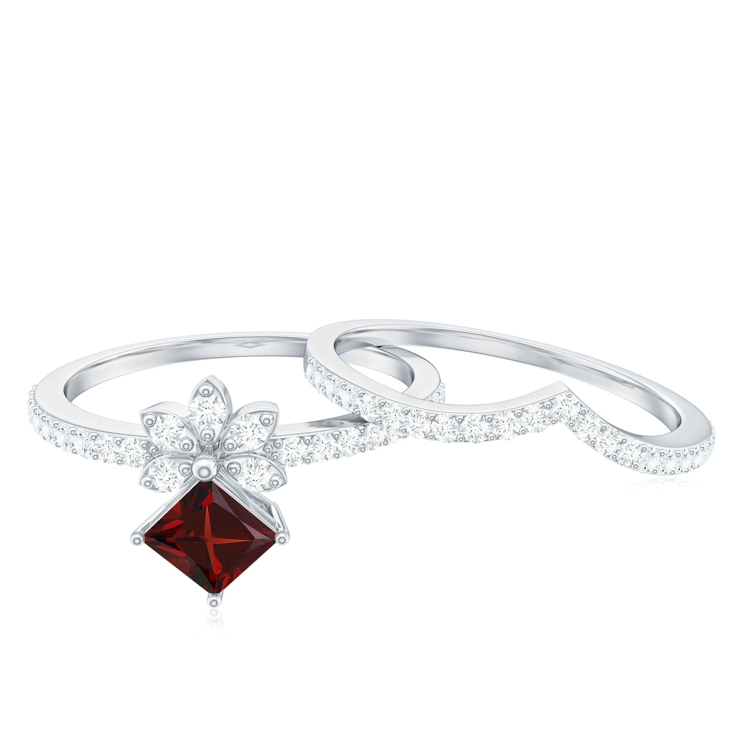 Rosec Jewels-Natural Garnet Diamond Flower Engagement Ring Wedding Band Set