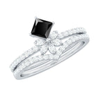 5mm Princess Cut Black Onyx Floral Rings Set with Diamond Band AAA - Rosec Jewels