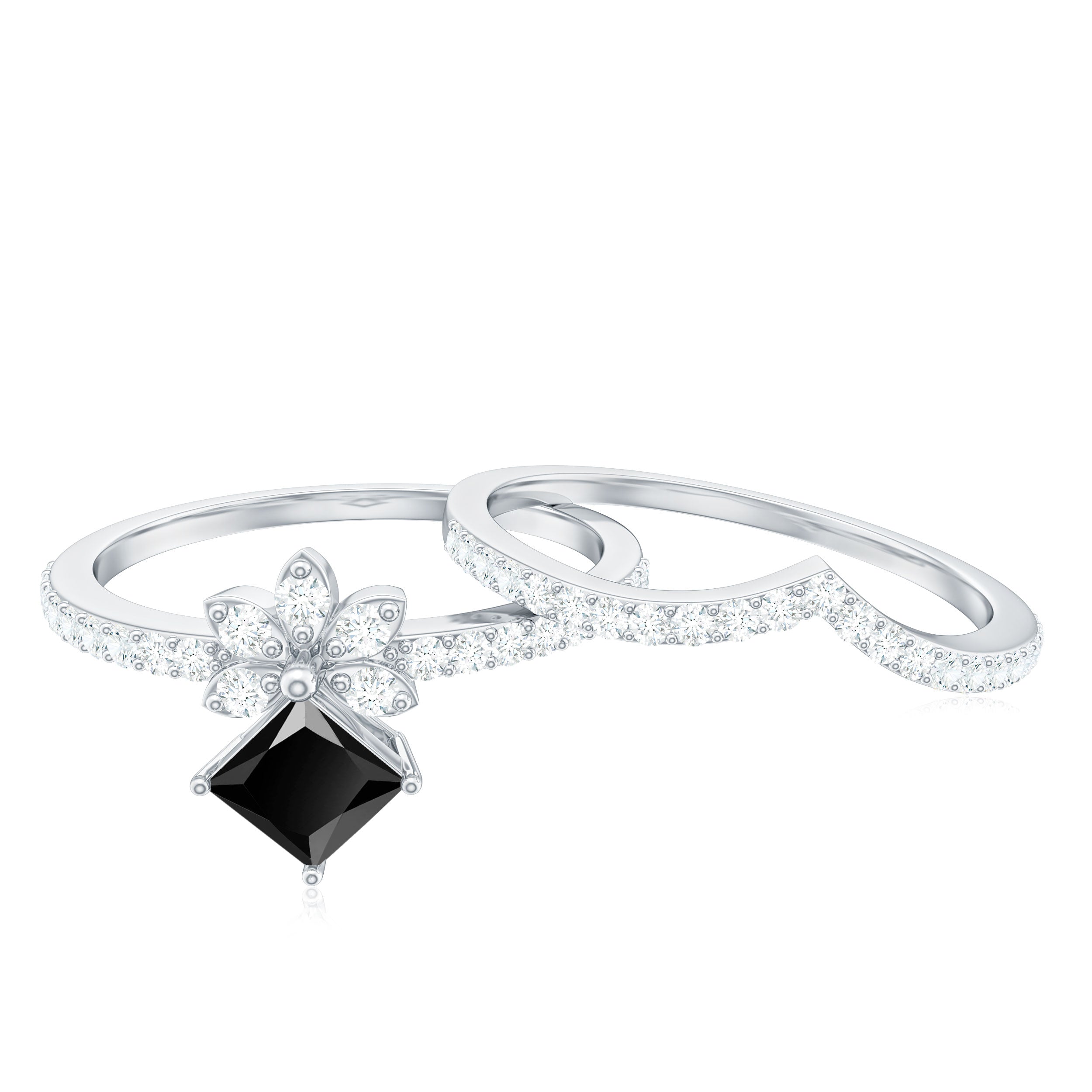 5mm Princess Cut Black Onyx Floral Rings Set with Diamond Band AAA - Rosec Jewels