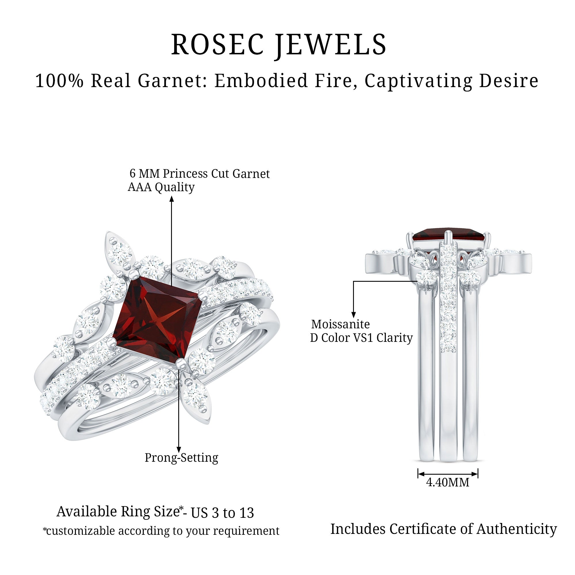 Rosec Jewels-Vintage Looking Princess Cut Garnet and Diamond 3 Piece Wedding Ring Set