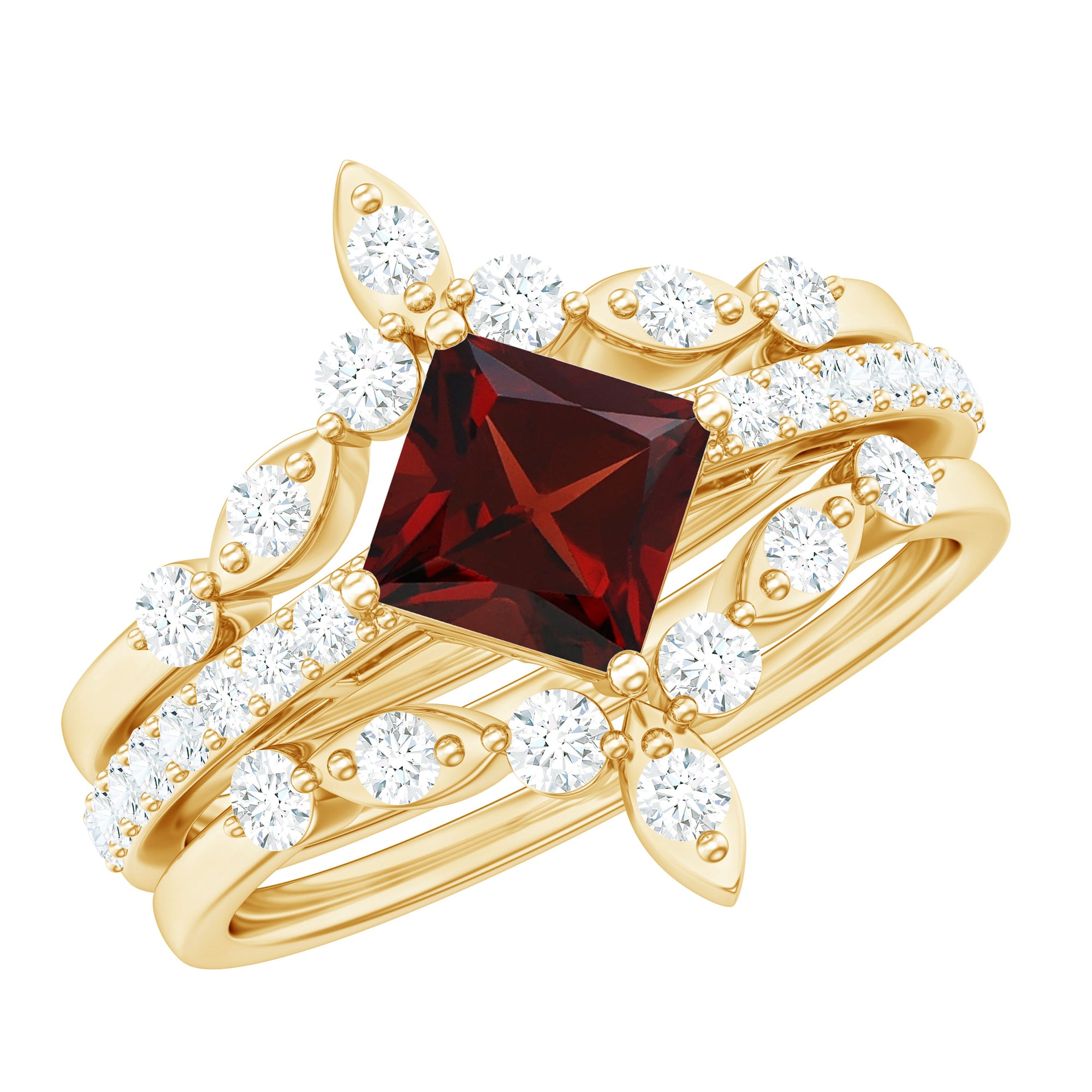 Rosec Jewels-Vintage Looking Princess Cut Garnet and Diamond 3 Piece Wedding Ring Set