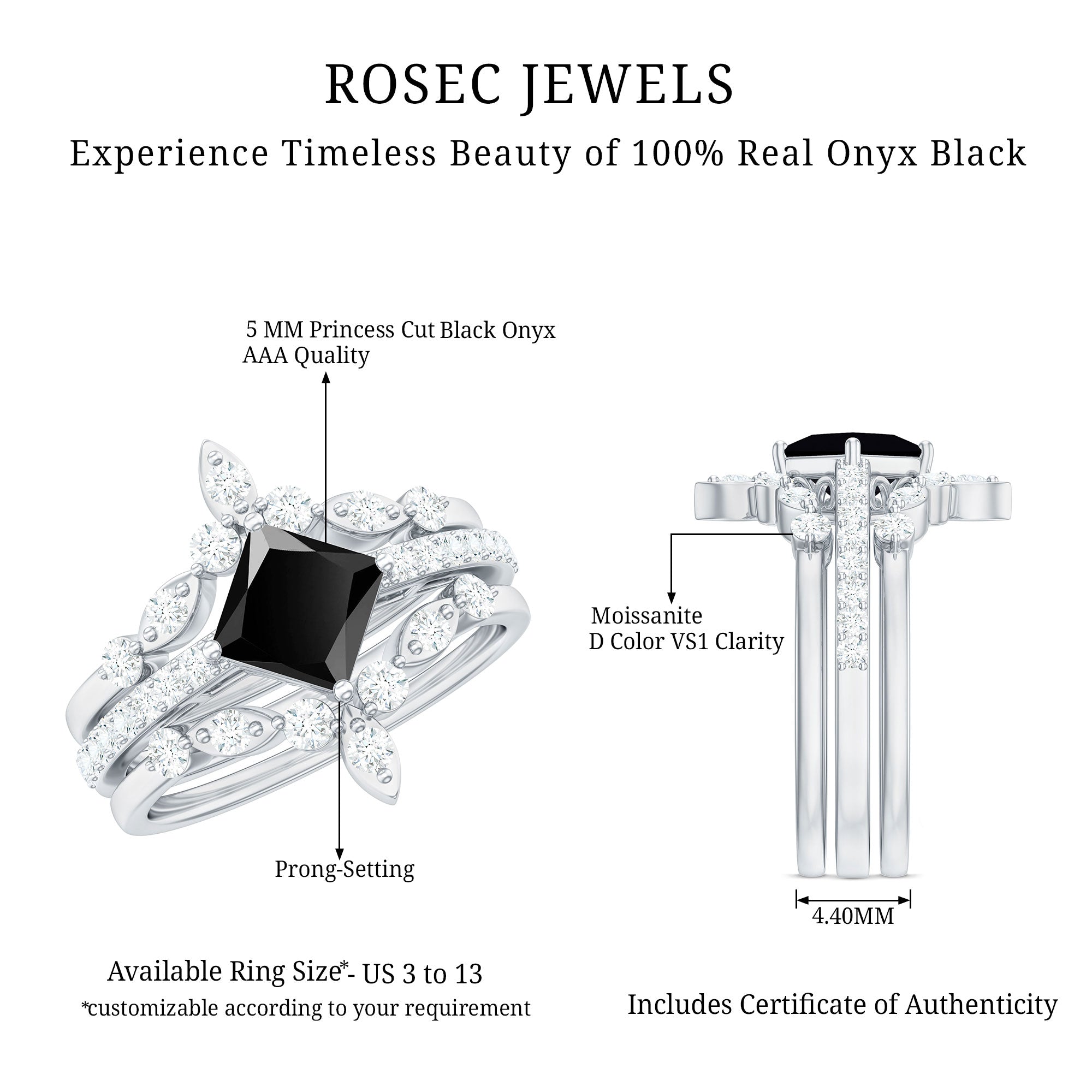 Genuine Princess Cut Black Onyx Bridal Rings Set with Diamond AAA - Rosec Jewels