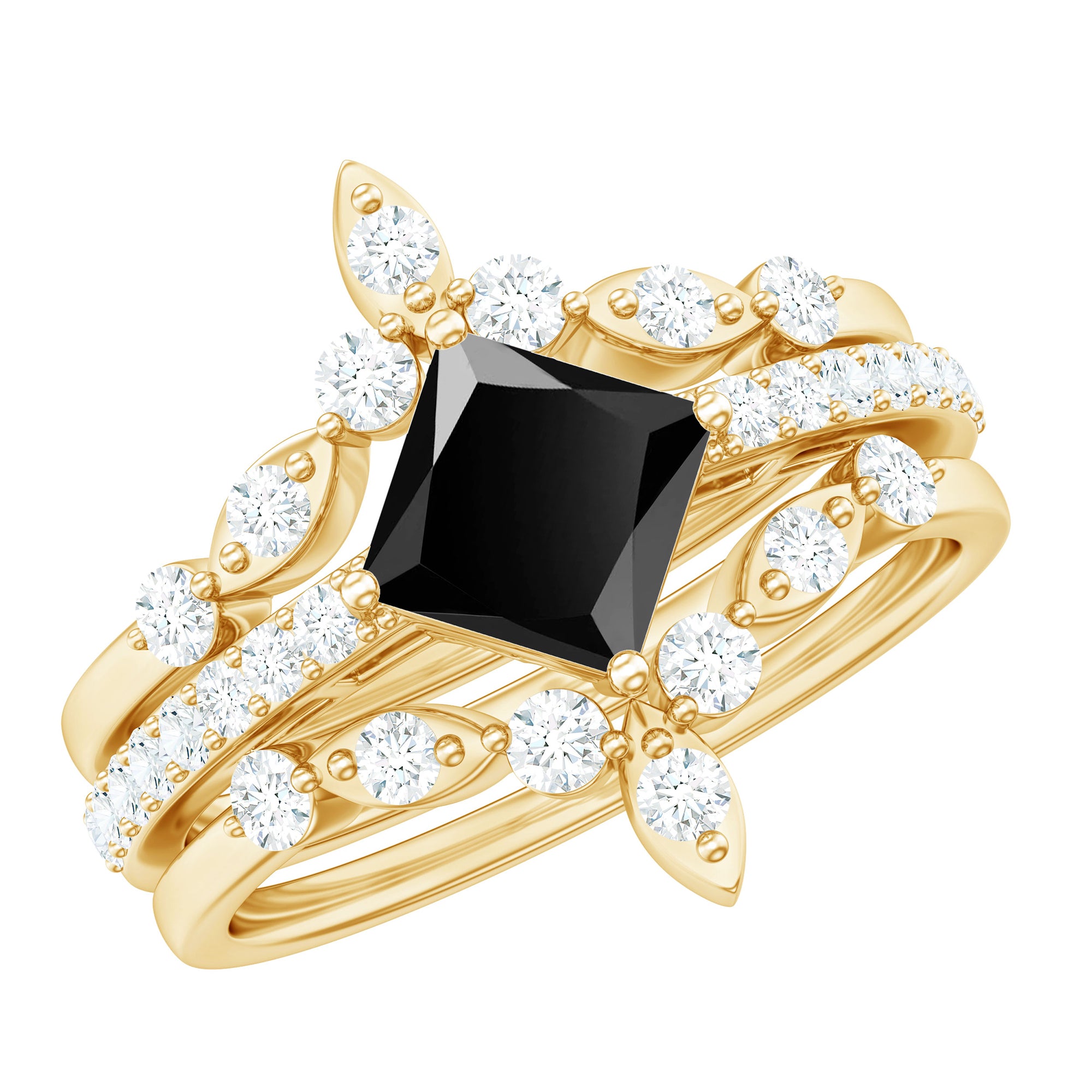 Genuine Princess Cut Black Onyx Bridal Rings Set with Diamond AAA - Rosec Jewels
