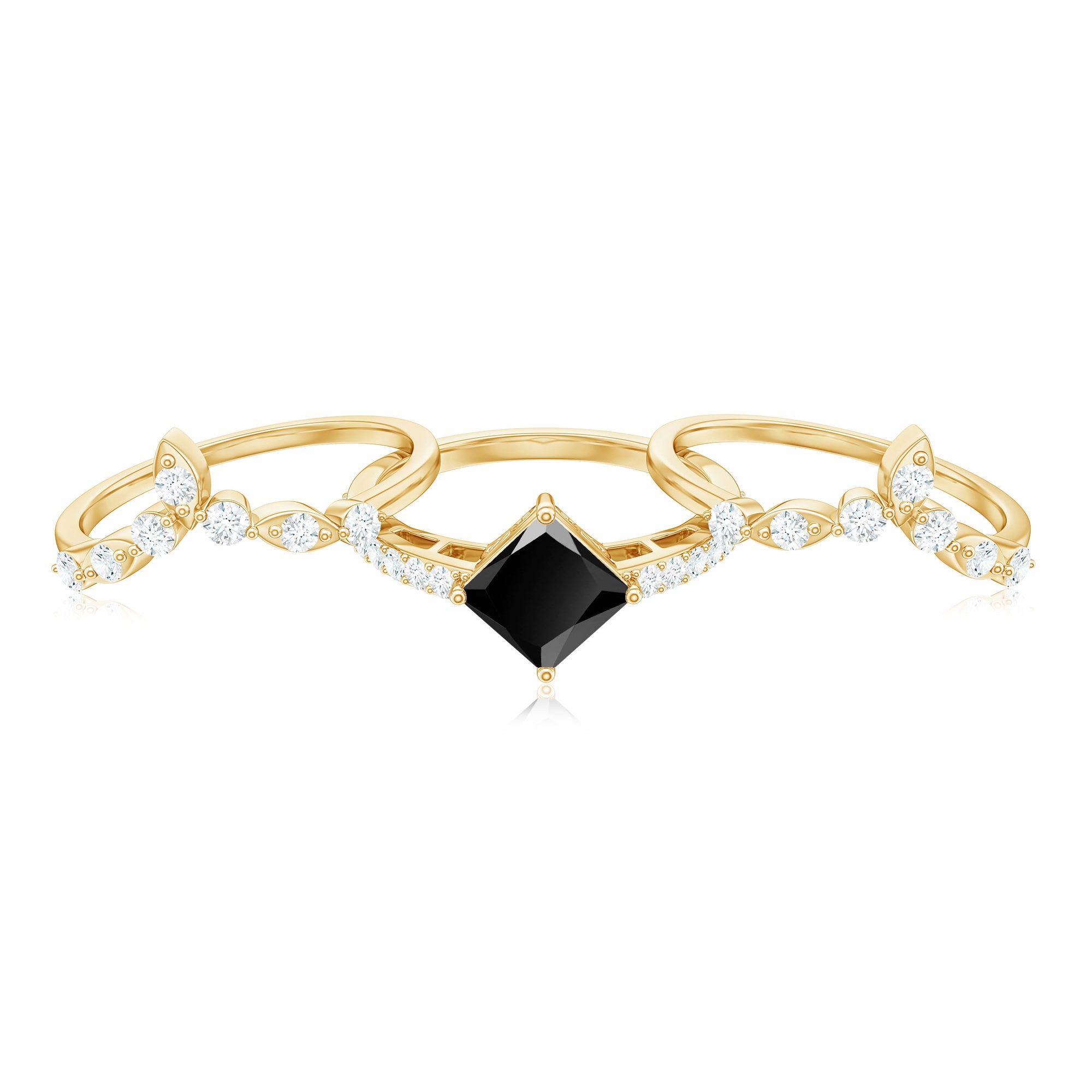 Genuine Princess Cut Black Onyx Bridal Rings Set with Diamond AAA - Rosec Jewels
