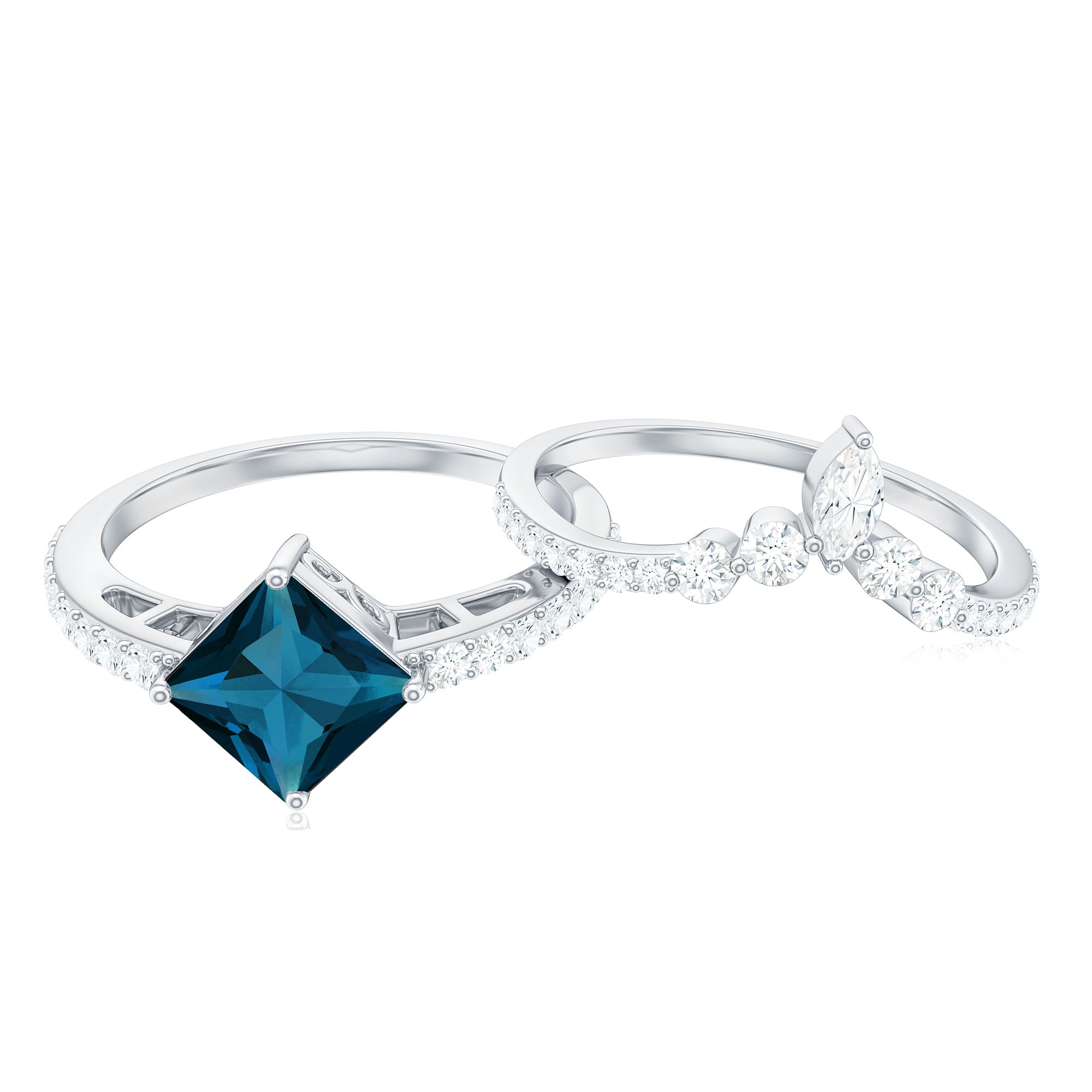 6mm Princess Cut London Blue Topaz and Diamond Wedding Ring Set AAA - Rosec Jewels