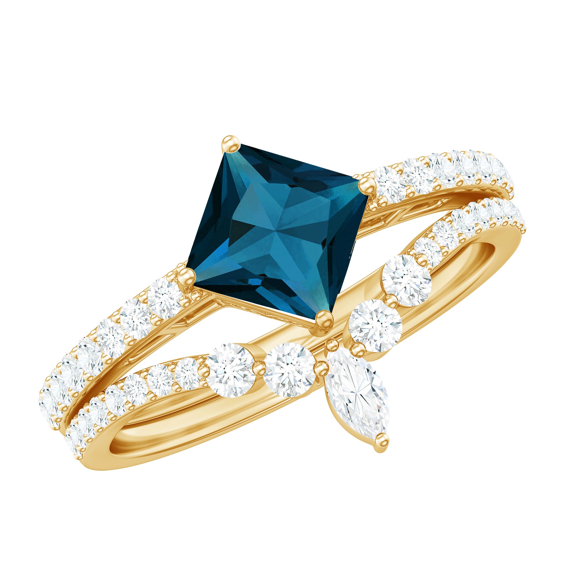 6mm Princess Cut London Blue Topaz and Diamond Wedding Ring Set AAA - Rosec Jewels