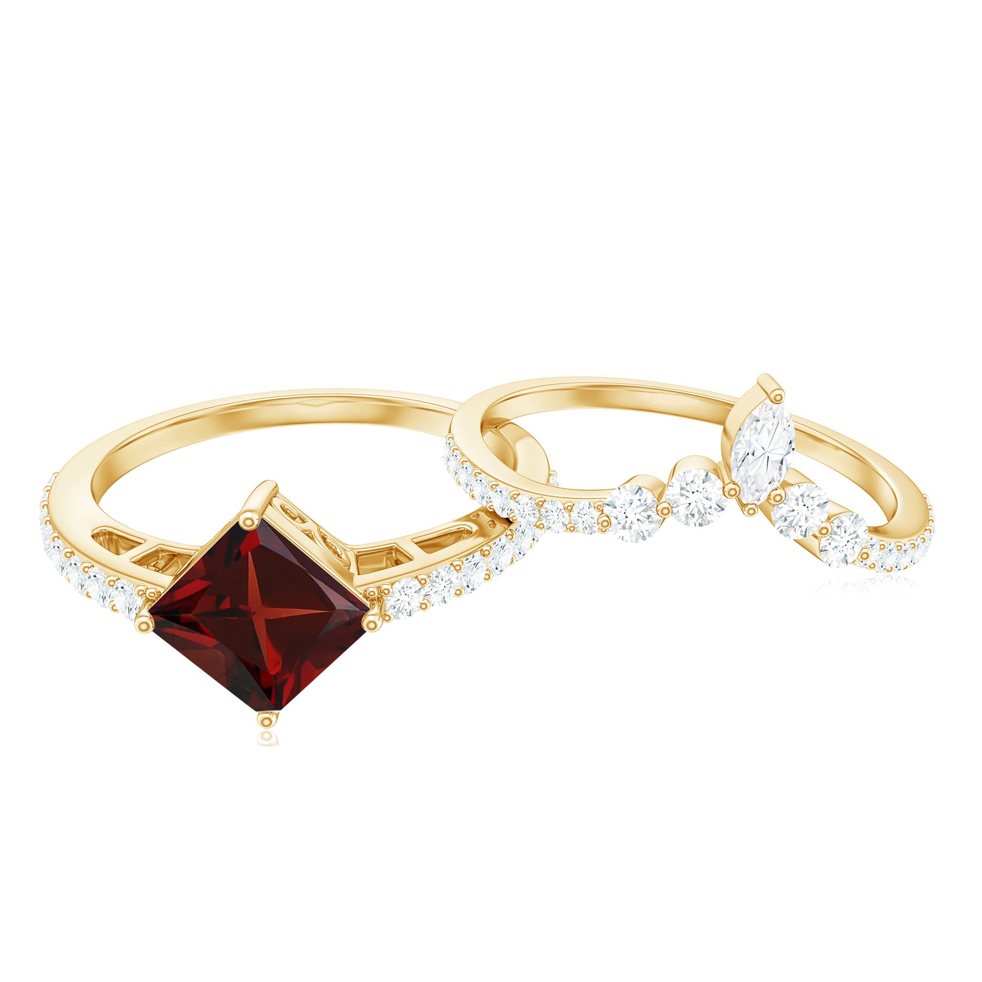 Rosec Jewels-Natural Princess Cut Garnet Diamond Wedding Bridal Ring Set