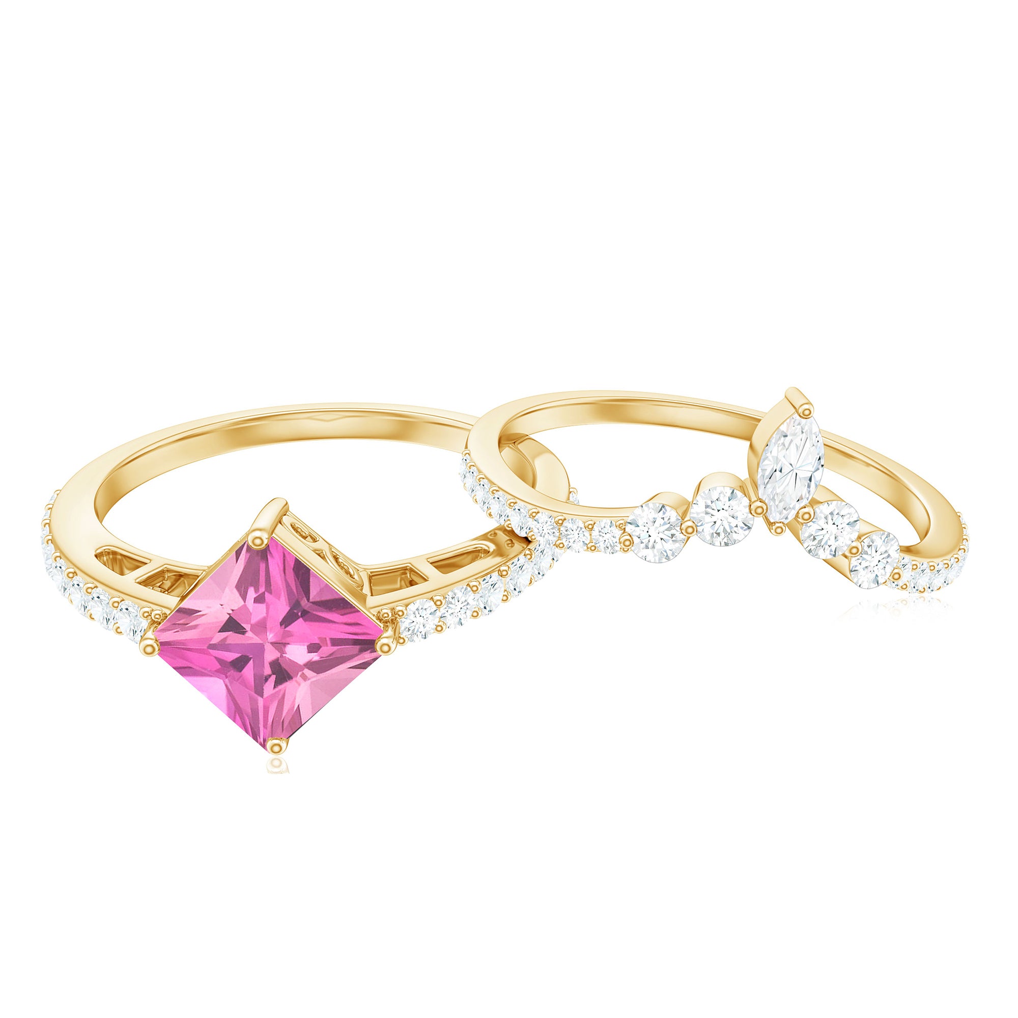 1 Carat Princess Cut Pink tourmaline and Diamond Wedding Ring Set for Women AAA - Rosec Jewels