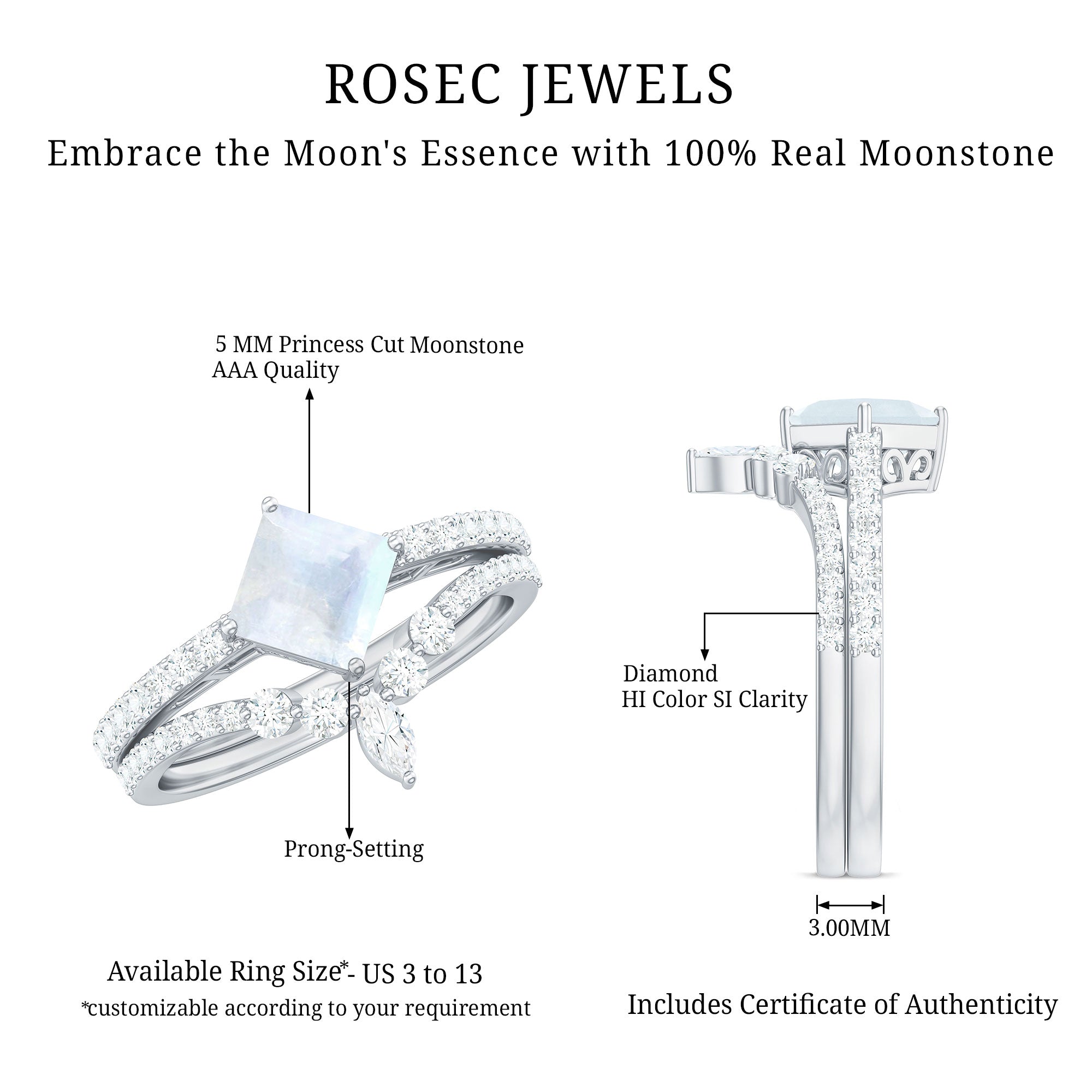 Rosec Jewels-Princess Cut Solitaire Moonstone Designer Ring Set with Diamond