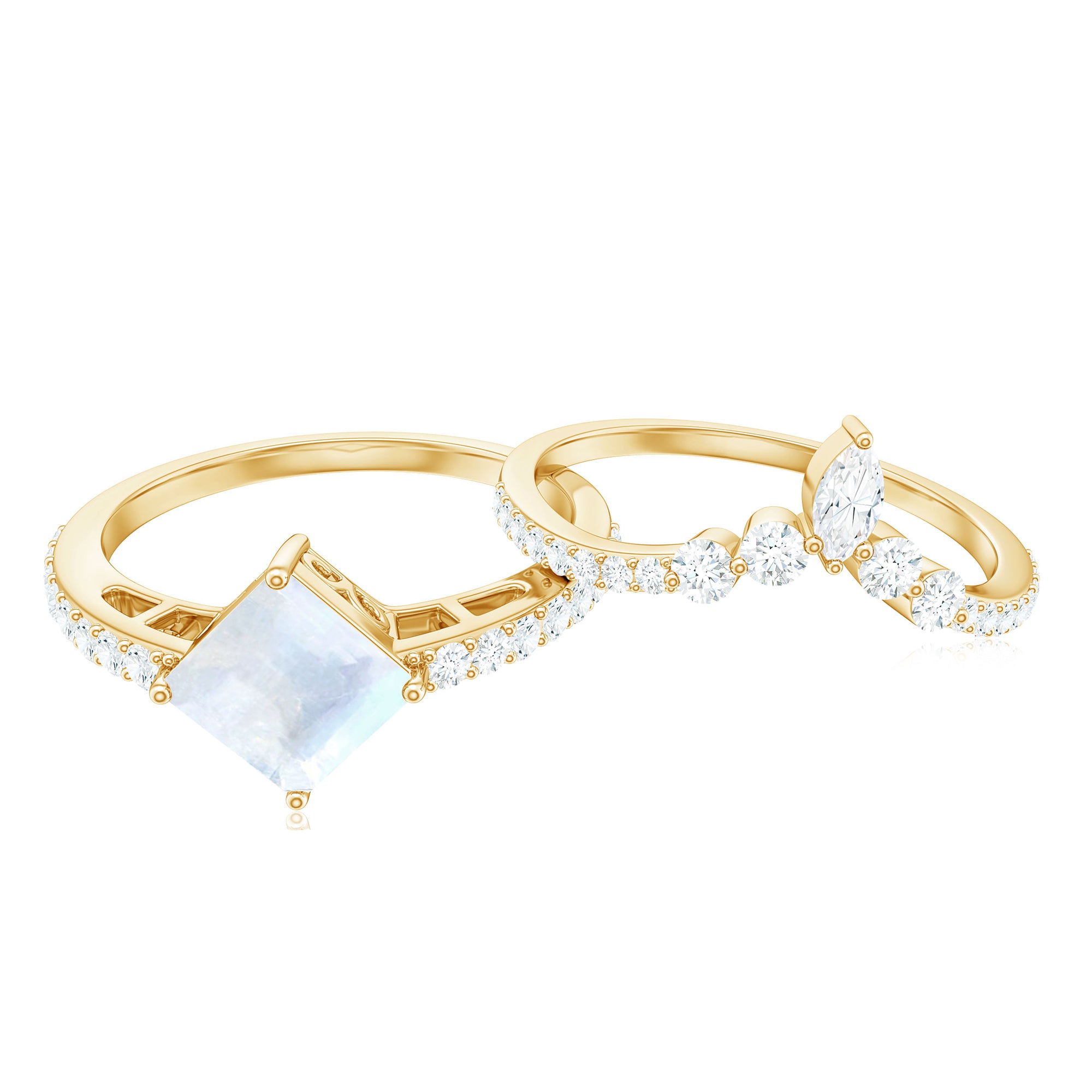 Rosec Jewels-Princess Cut Solitaire Moonstone Designer Ring Set with Diamond