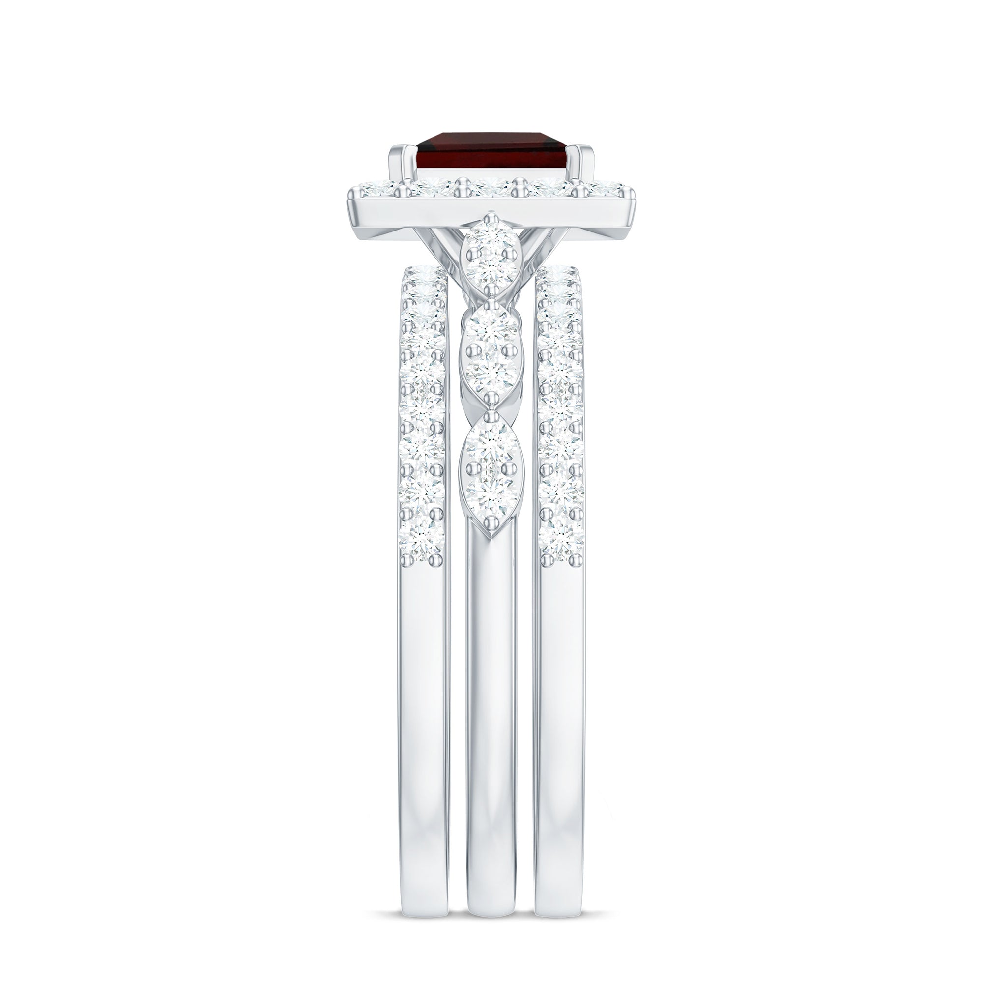 Rosec Jewels-Genuine Princess Cut Garnet 3 Piece Bridal Ring Set with Moissanite
