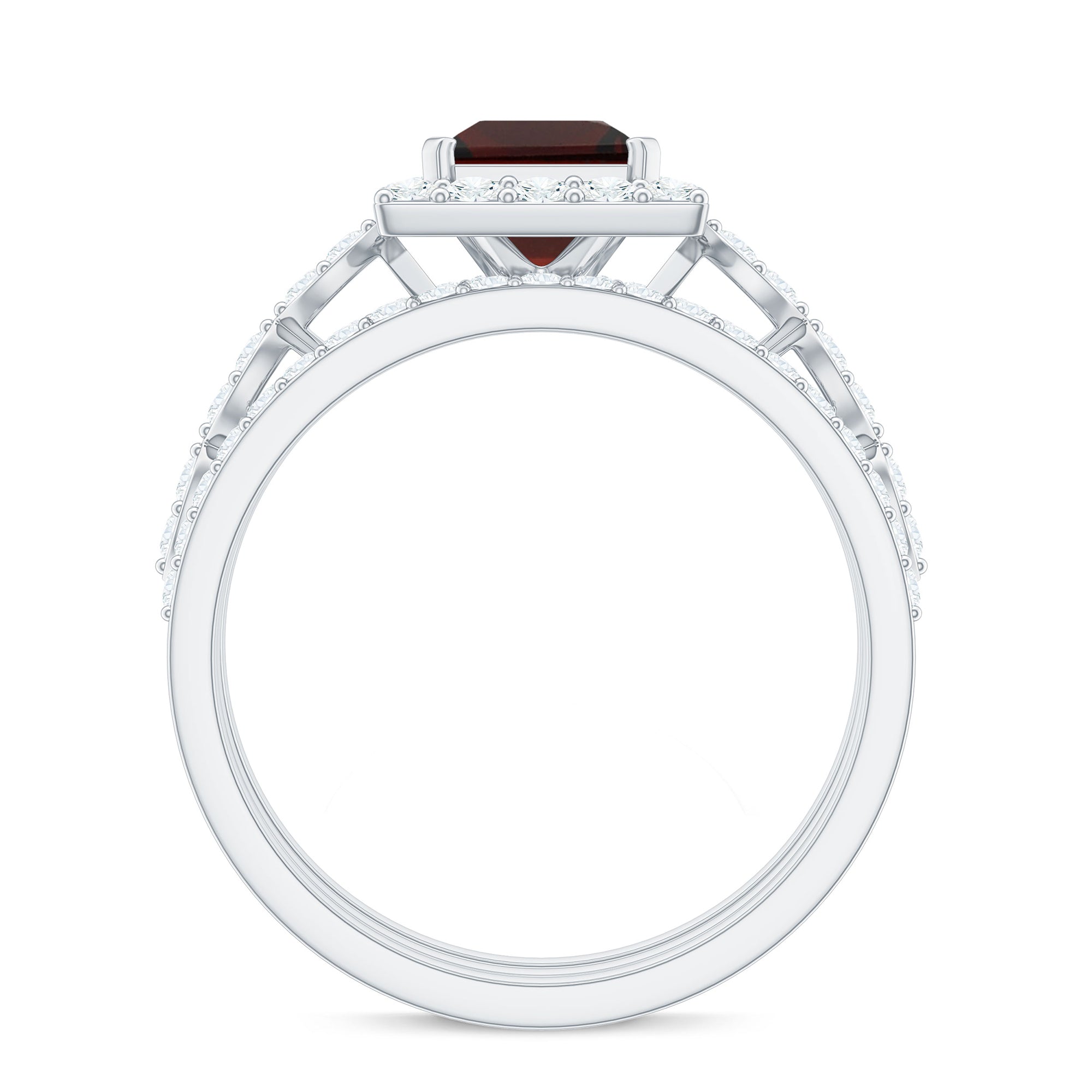 Rosec Jewels-Genuine Princess Cut Garnet 3 Piece Bridal Ring Set with Moissanite