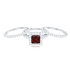 Rosec Jewels-Genuine Princess Cut Garnet 3 Piece Bridal Ring Set with Moissanite