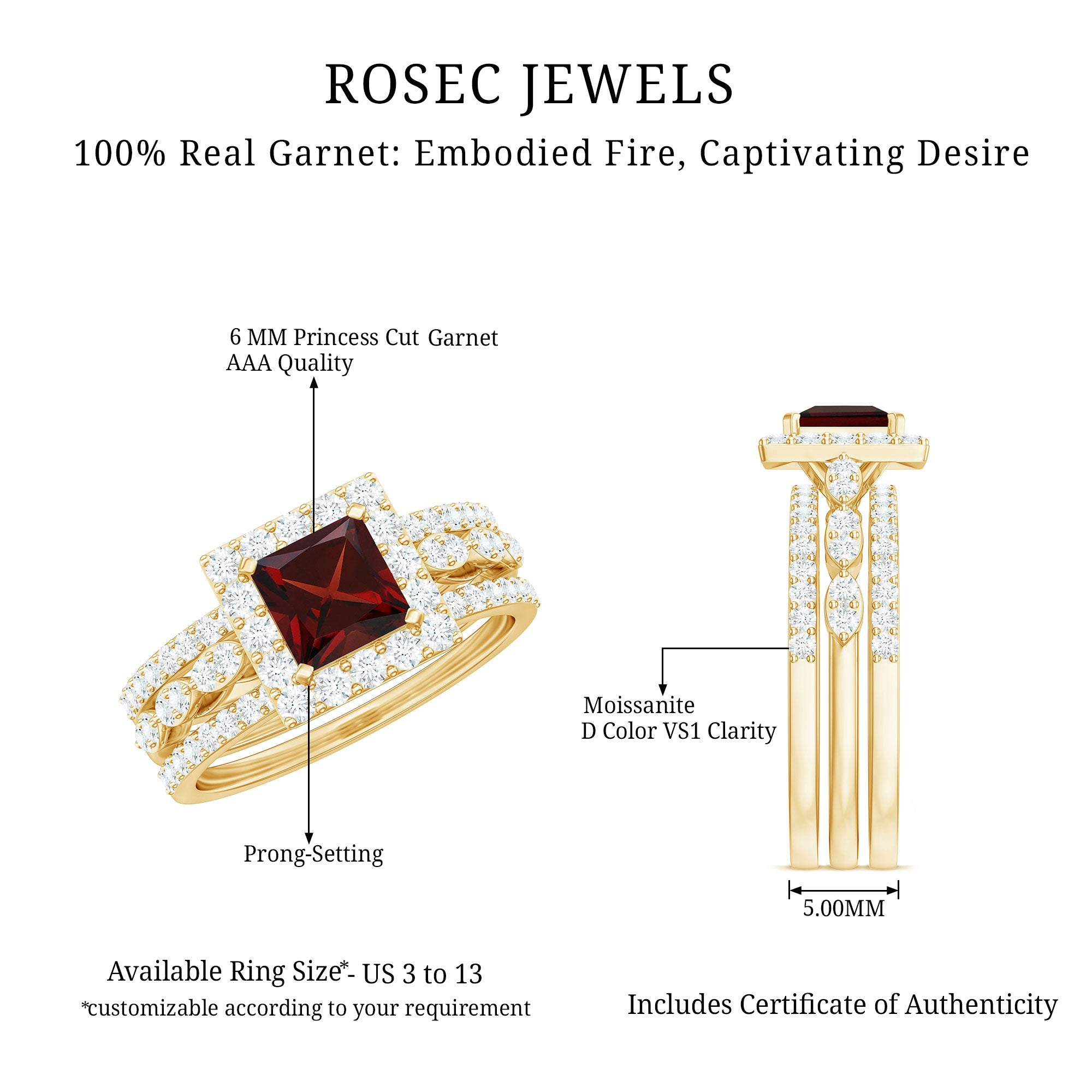 Rosec Jewels-Genuine Princess Cut Garnet 3 Piece Bridal Ring Set with Moissanite