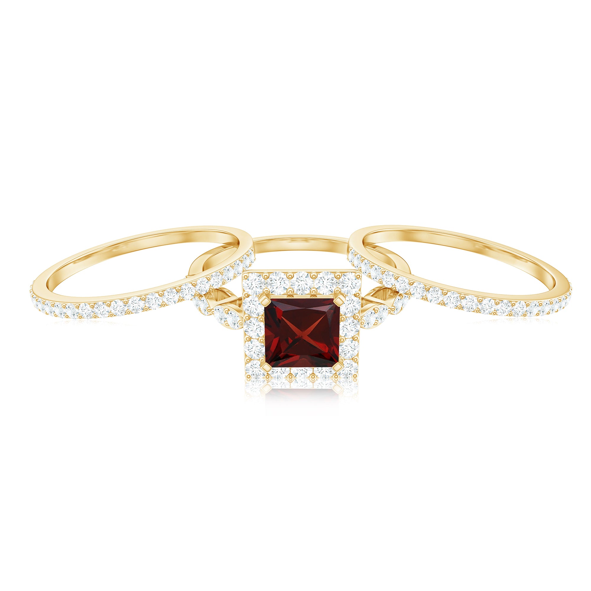 Rosec Jewels-Genuine Princess Cut Garnet 3 Piece Bridal Ring Set with Moissanite